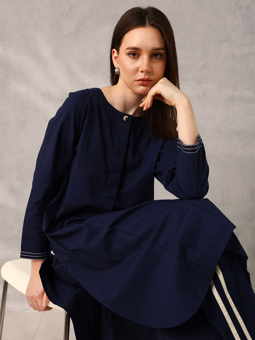 Navy Workwear  Tailored Solid Kurta with Trouser