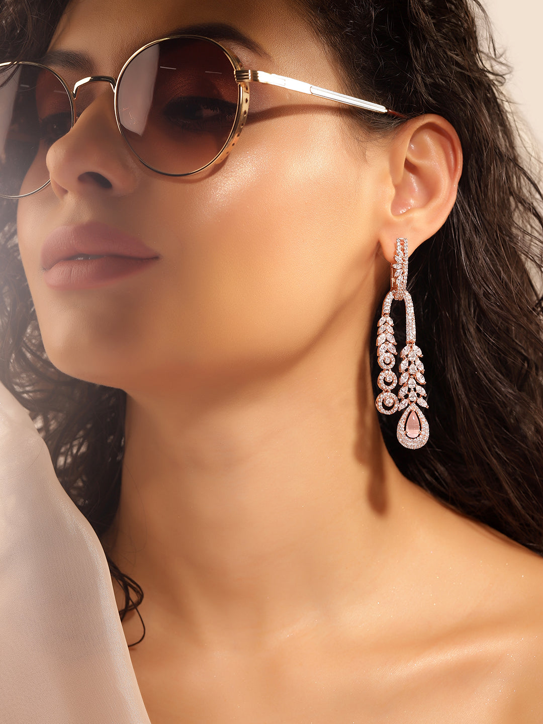 White Colour Rose Gold Plated AD Drop Earring