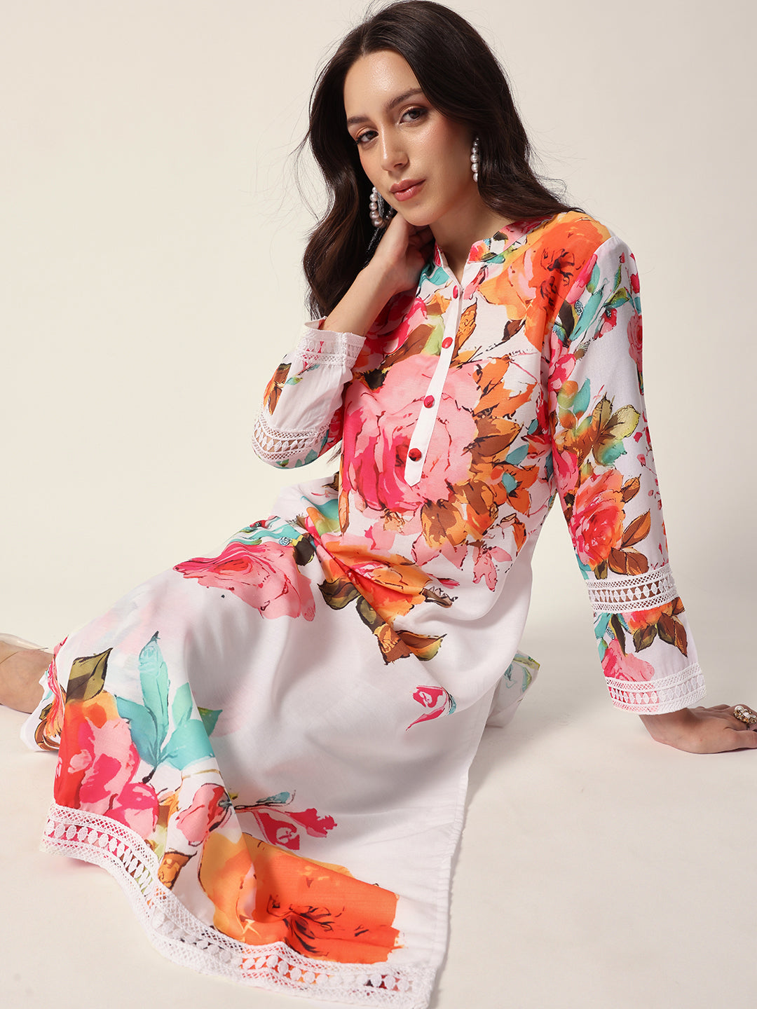 Comfy Off White cotton blend floral printed straight fit kurta set with dupatta