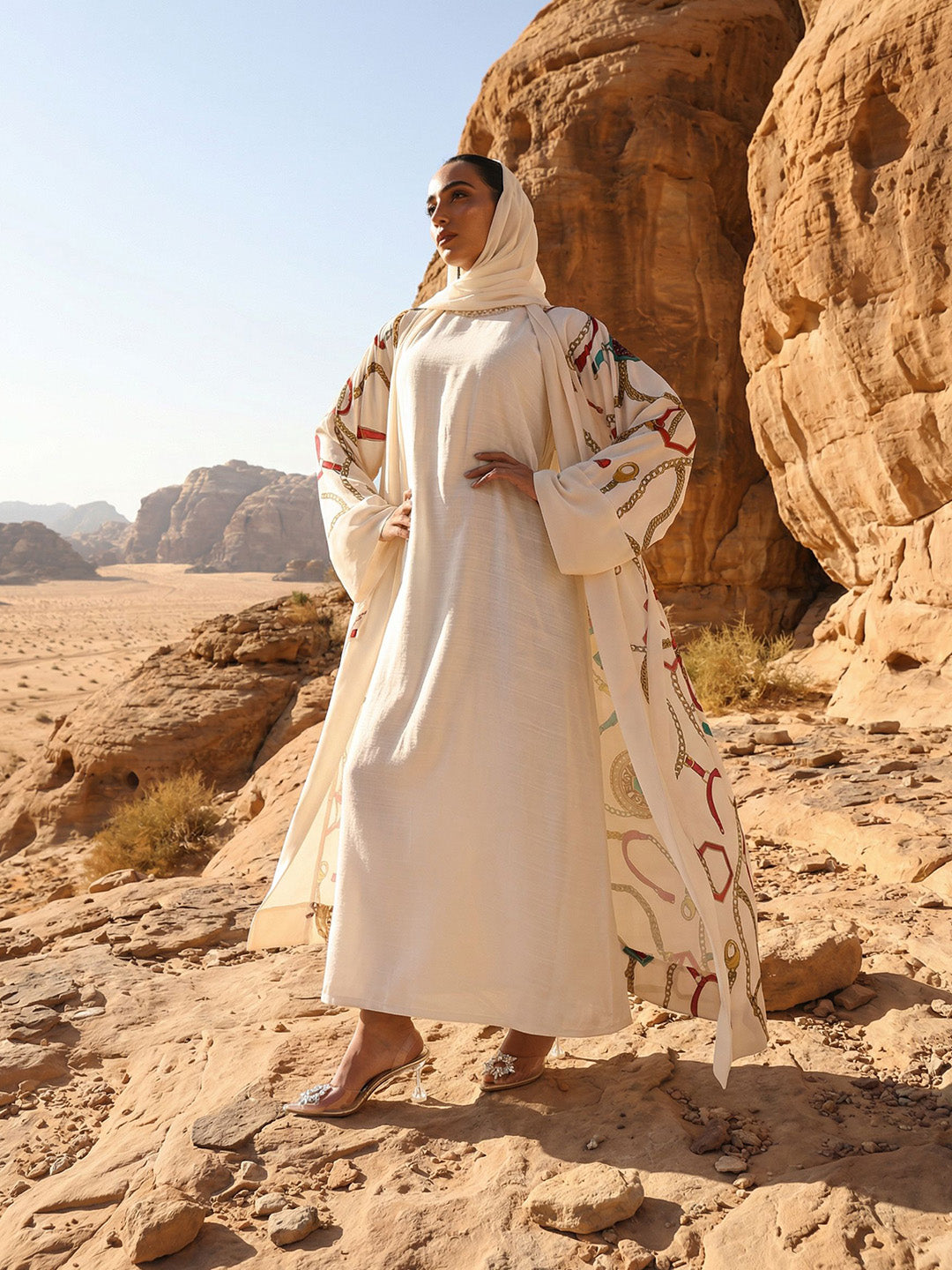 Rich Printed Woven Longline Offwhite Abaya with Hijab