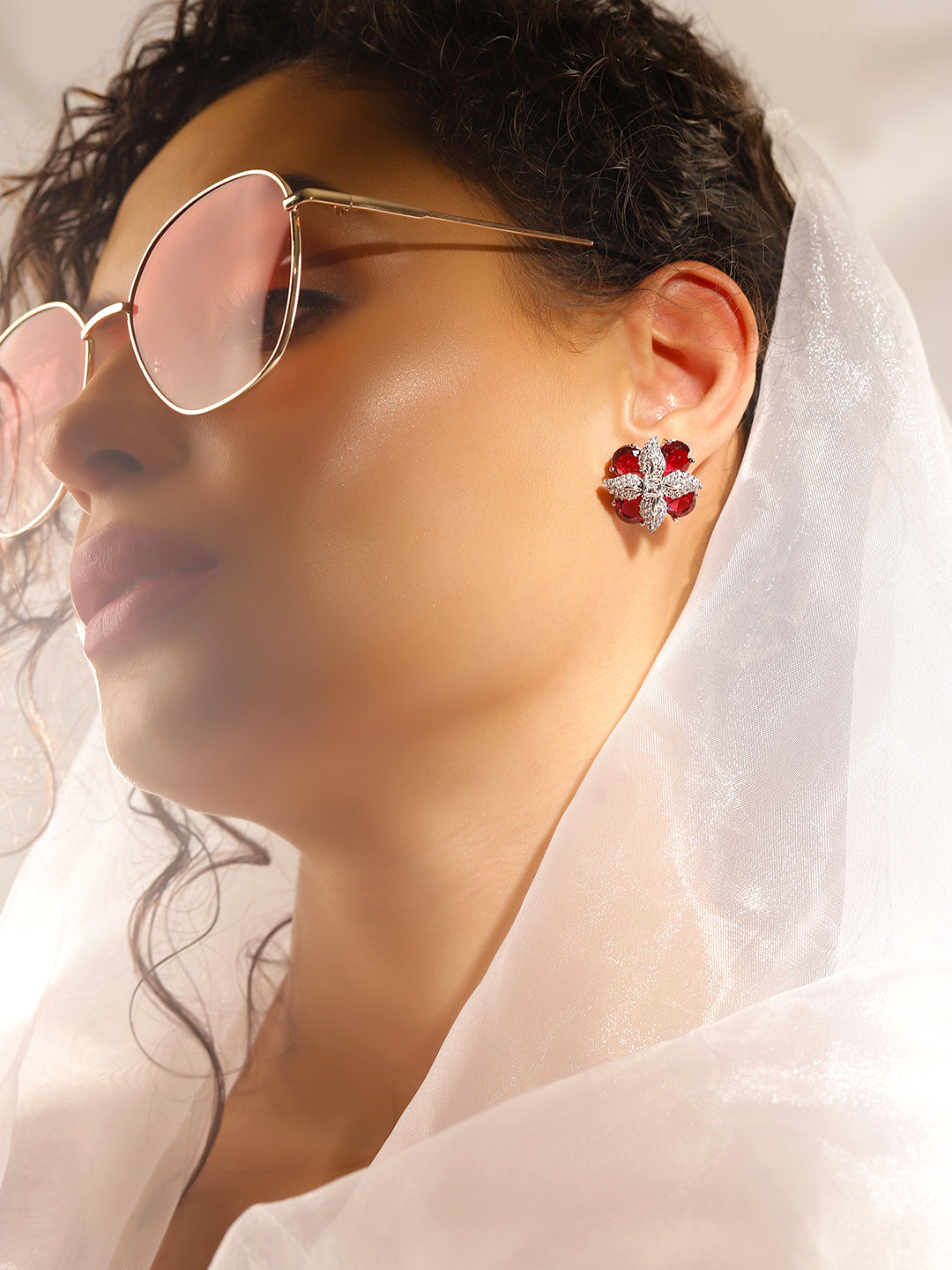 Pink Colour Silver Plated AD Studs Earring