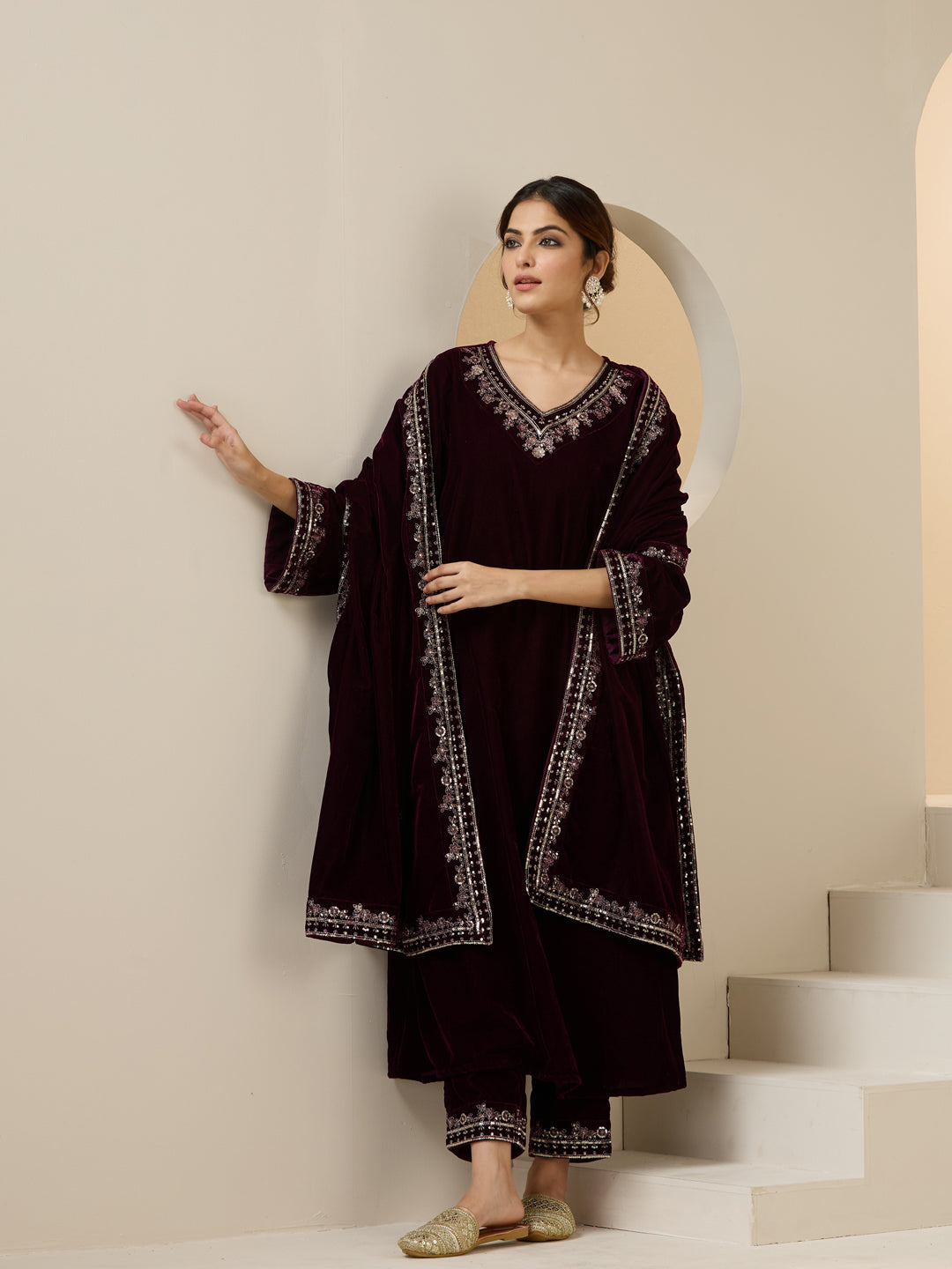 Rich Purple Velvet Zari Embroidery Aline Kurta set with dupatta