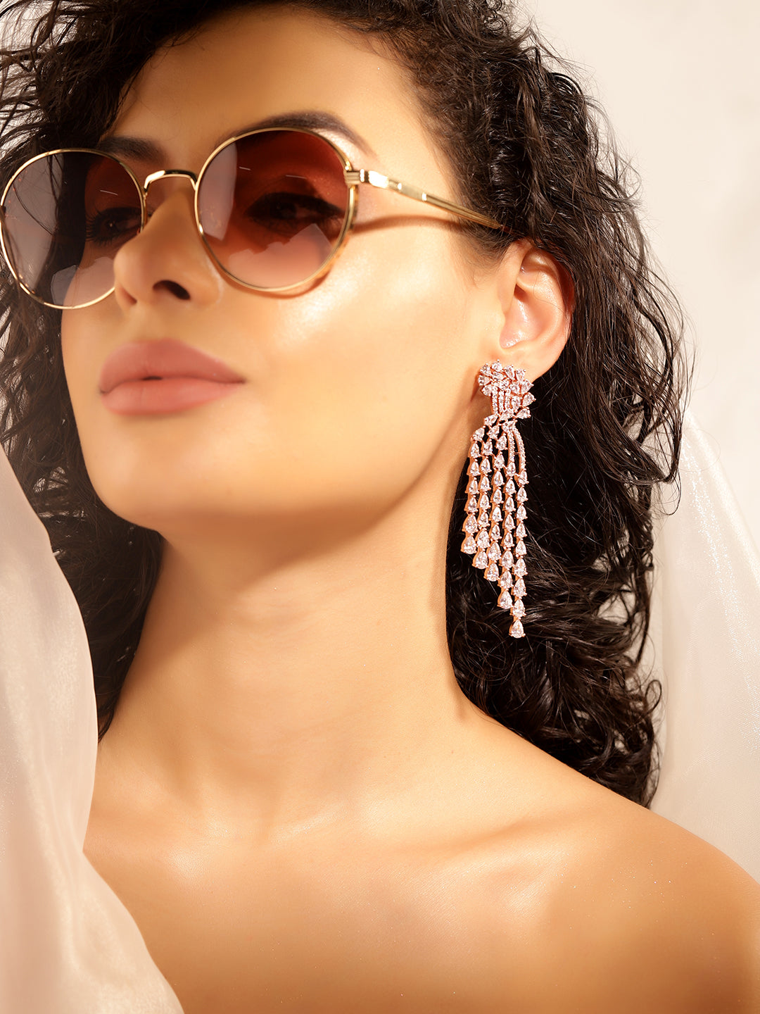 White Colour Rose Gold Plated AD Drop Earring