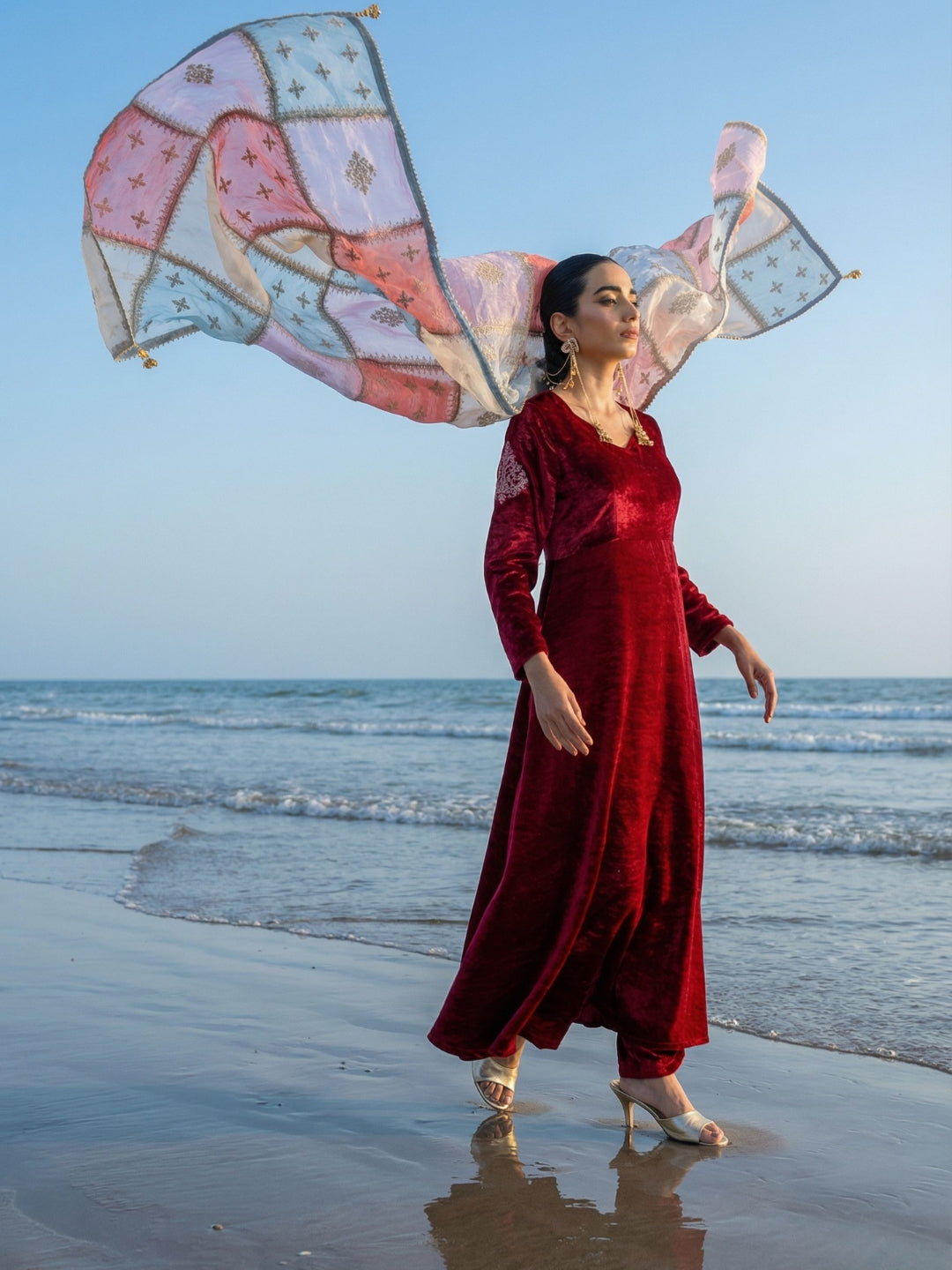 Rich Maroon Organza Patchwork Embroidered Anarkali Kurta Set