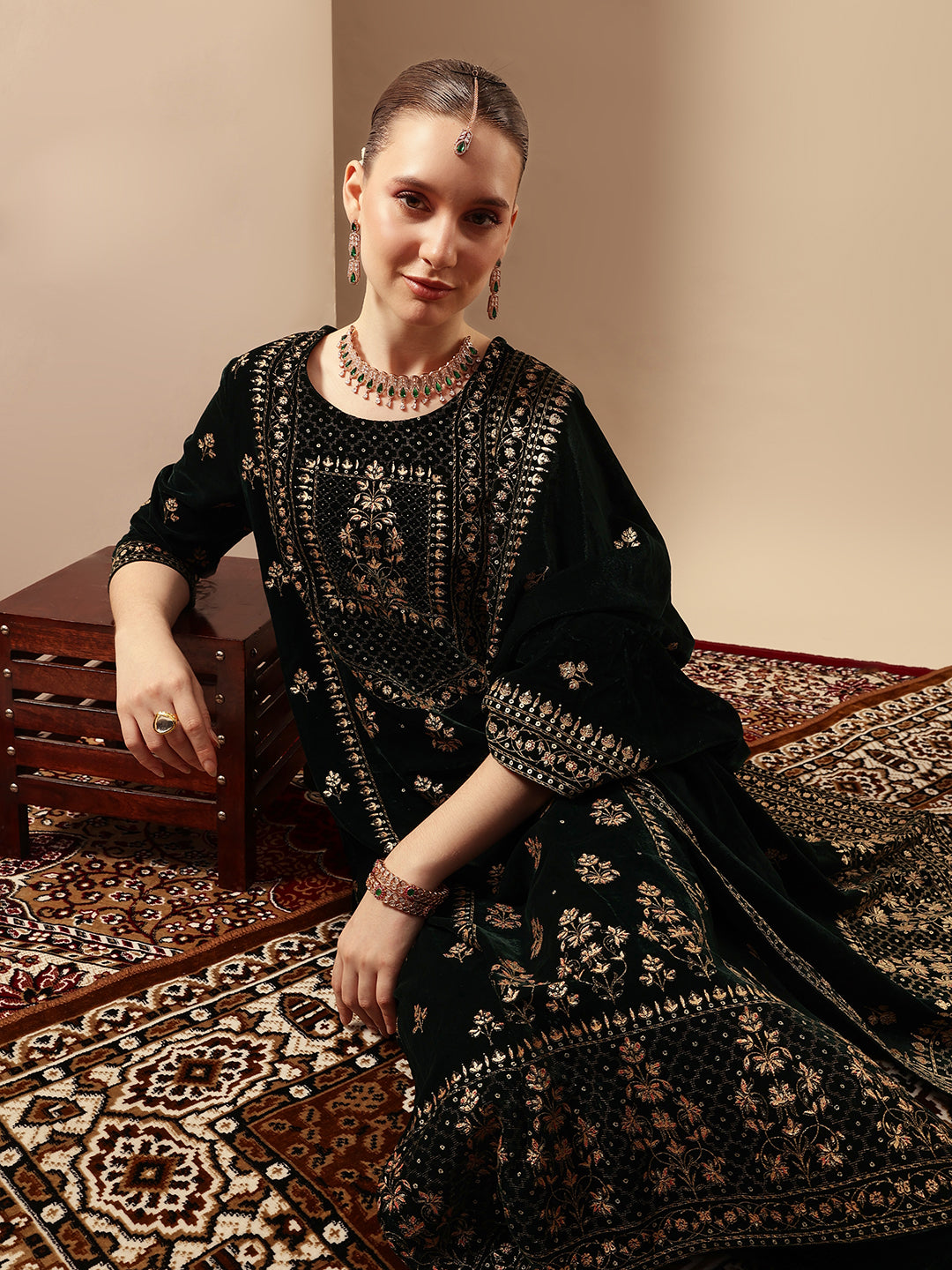 Rich Green Velvet Gold Print Straight Kurta sets with dupatta
