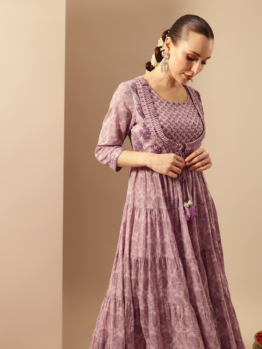 Comfy Flared Embellished Lavender Dress