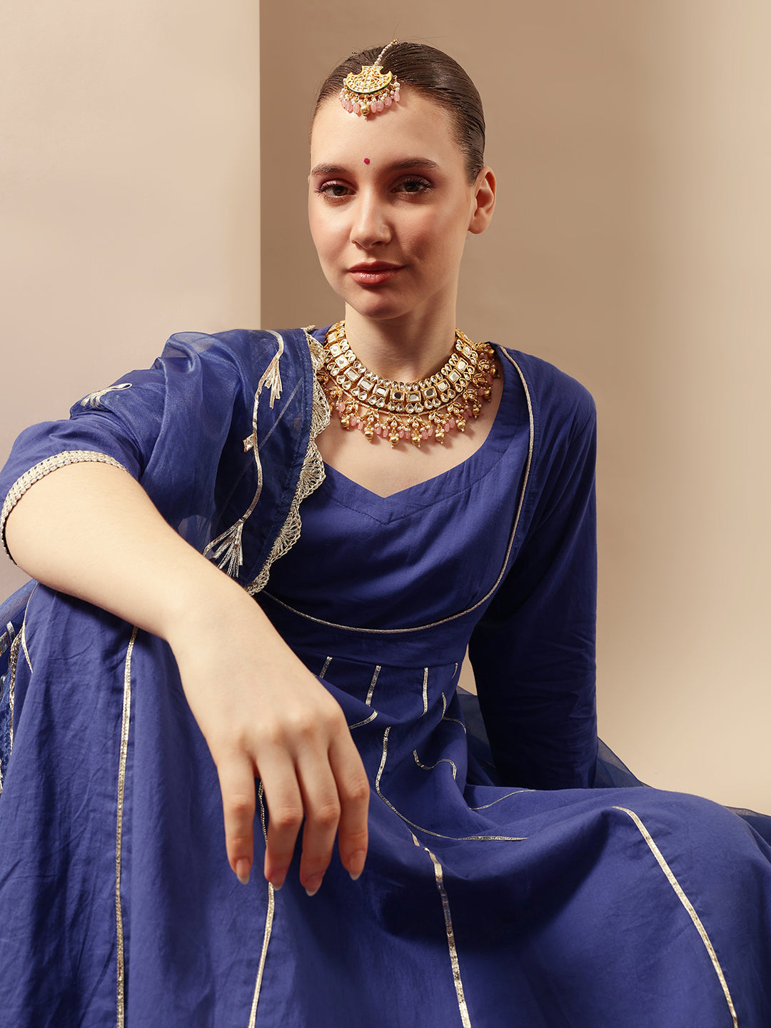 Comfy Royal Blue Organza Embroidered Anarkali Kurta Sets