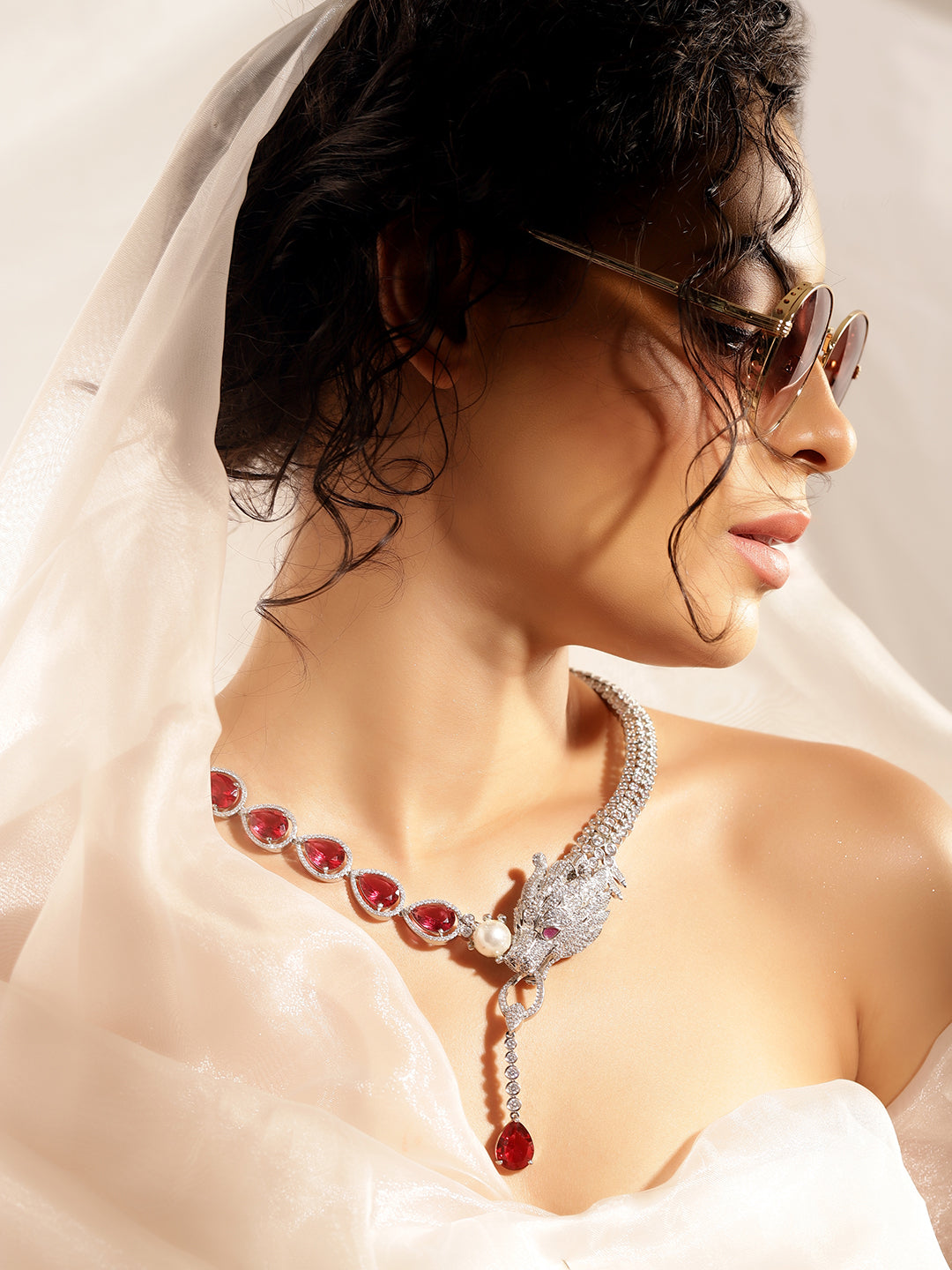 Red Colour Silver Plated AD Jewellery Set