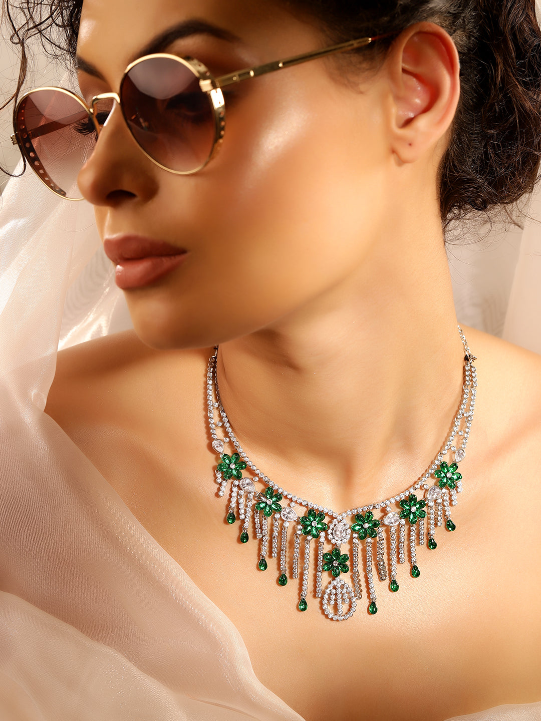 Green Colour Silver Plated AD Jewellery Set