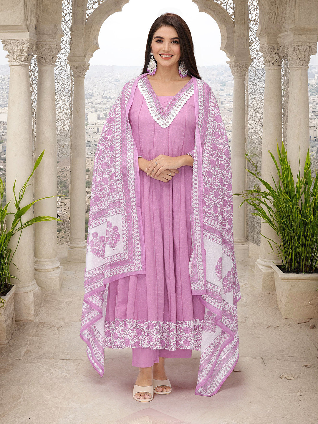 Comfy Purple Cotton Printed A-line Fit Kurta Set with Dupatta