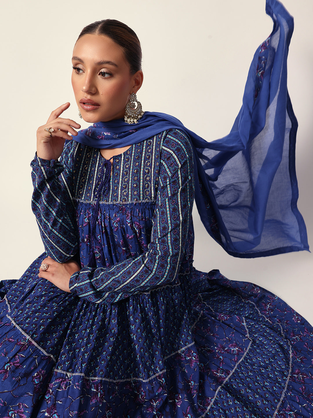 Graceful Blue Cotton floral printed tiered fit kurta set with dupatta