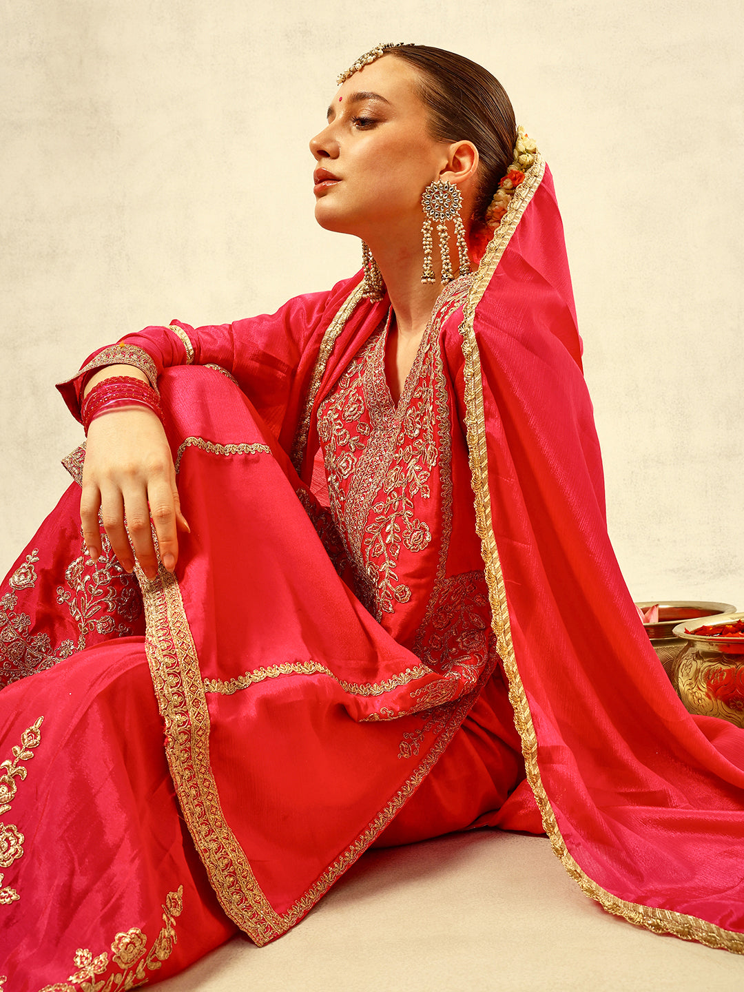Ishin Pink Cording & Zari Embroidered  Festive Kurta with Sharara & Embellished Dupatta