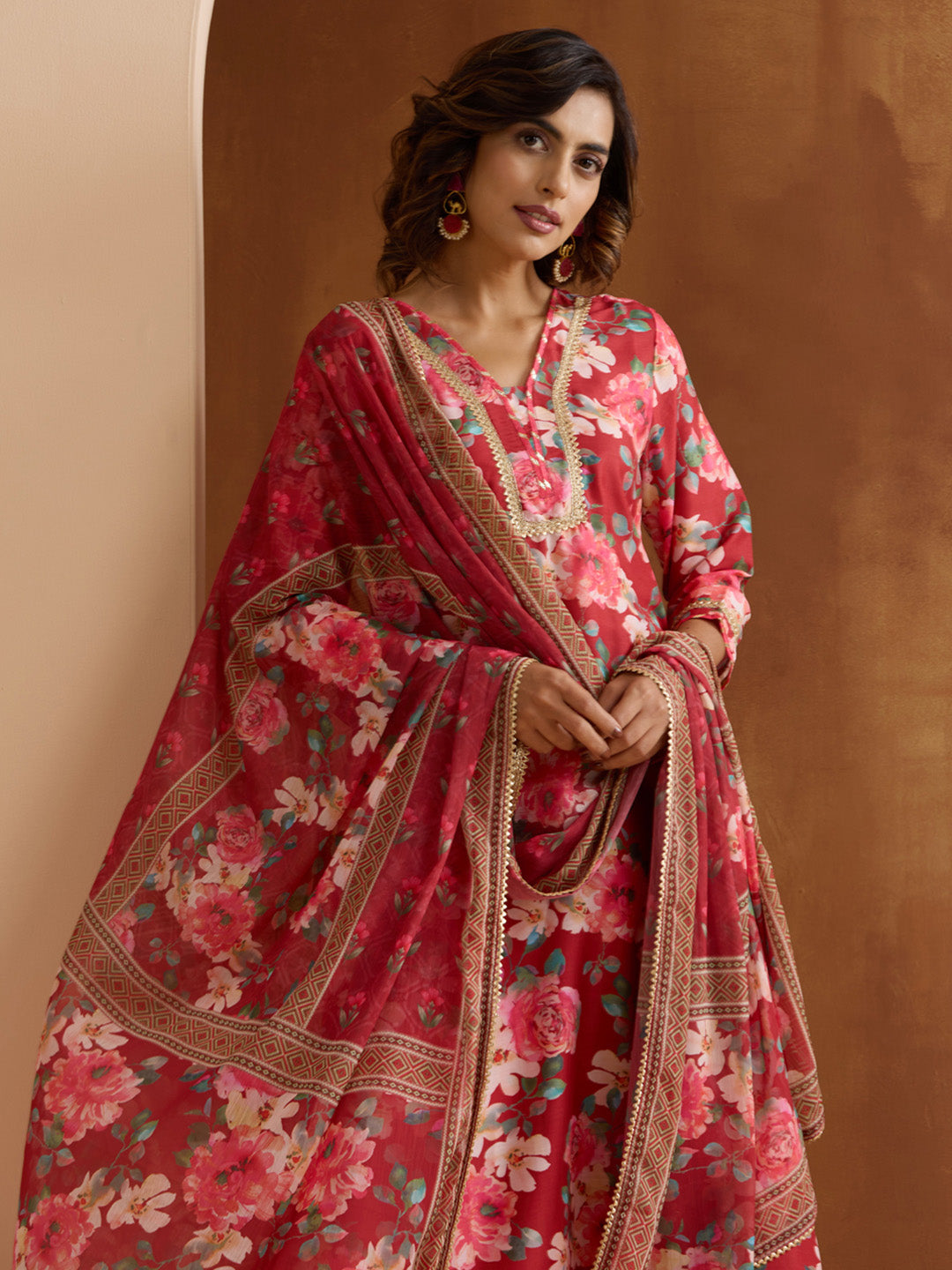 Elegant Red Viscose rayon Floral printed Aline kurta set with dupatta