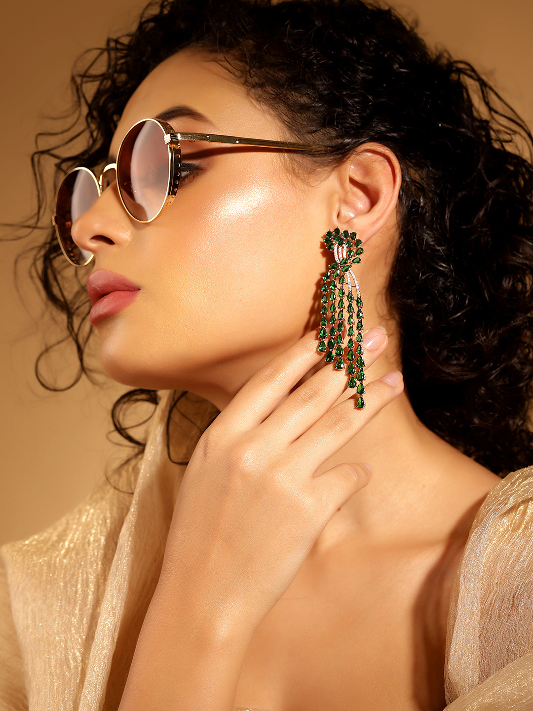 Green Colour Gold Plated AD Drop Earring