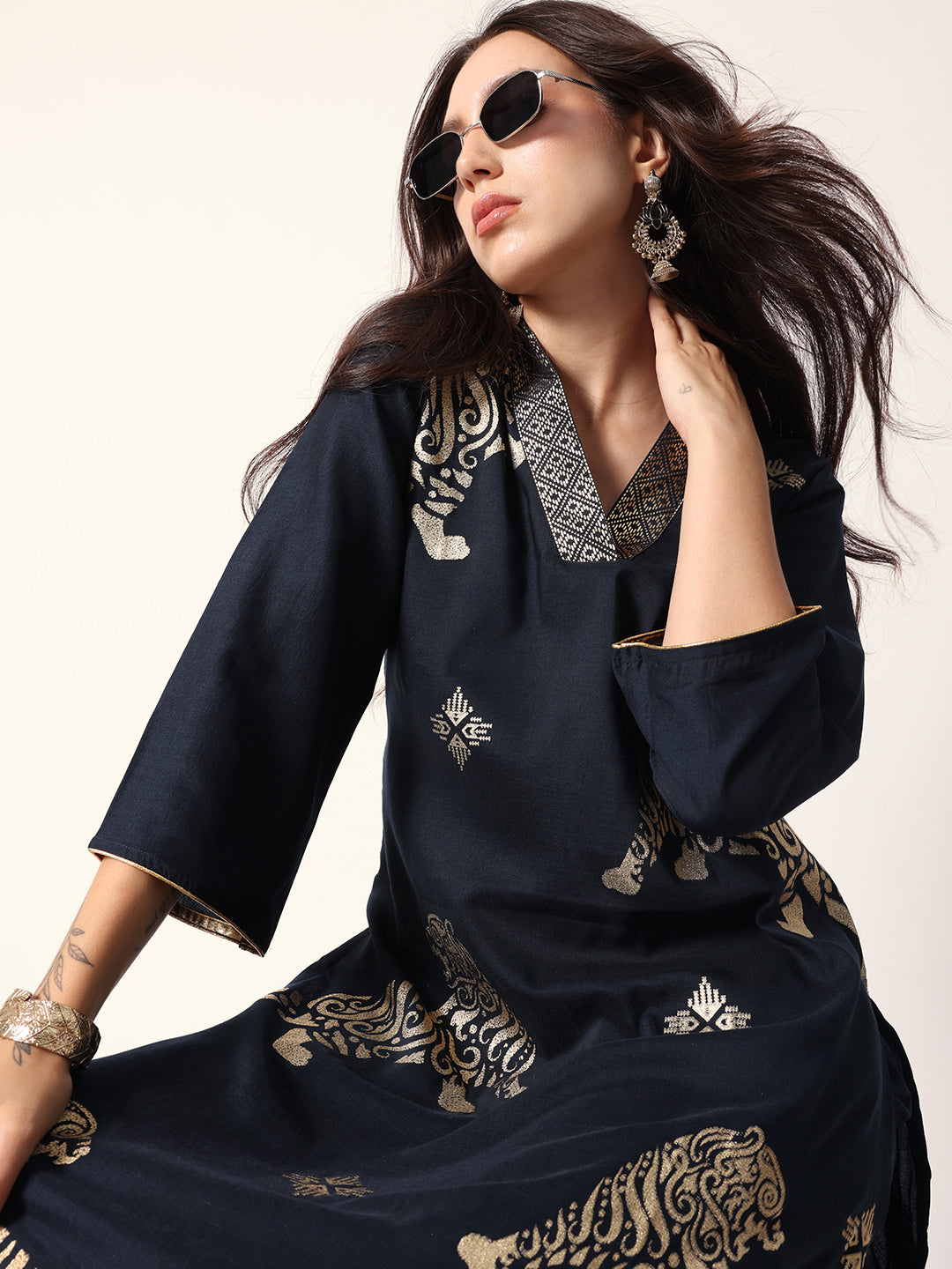 Soft Navy Blue Chinon foil print Straight Fit kurta set