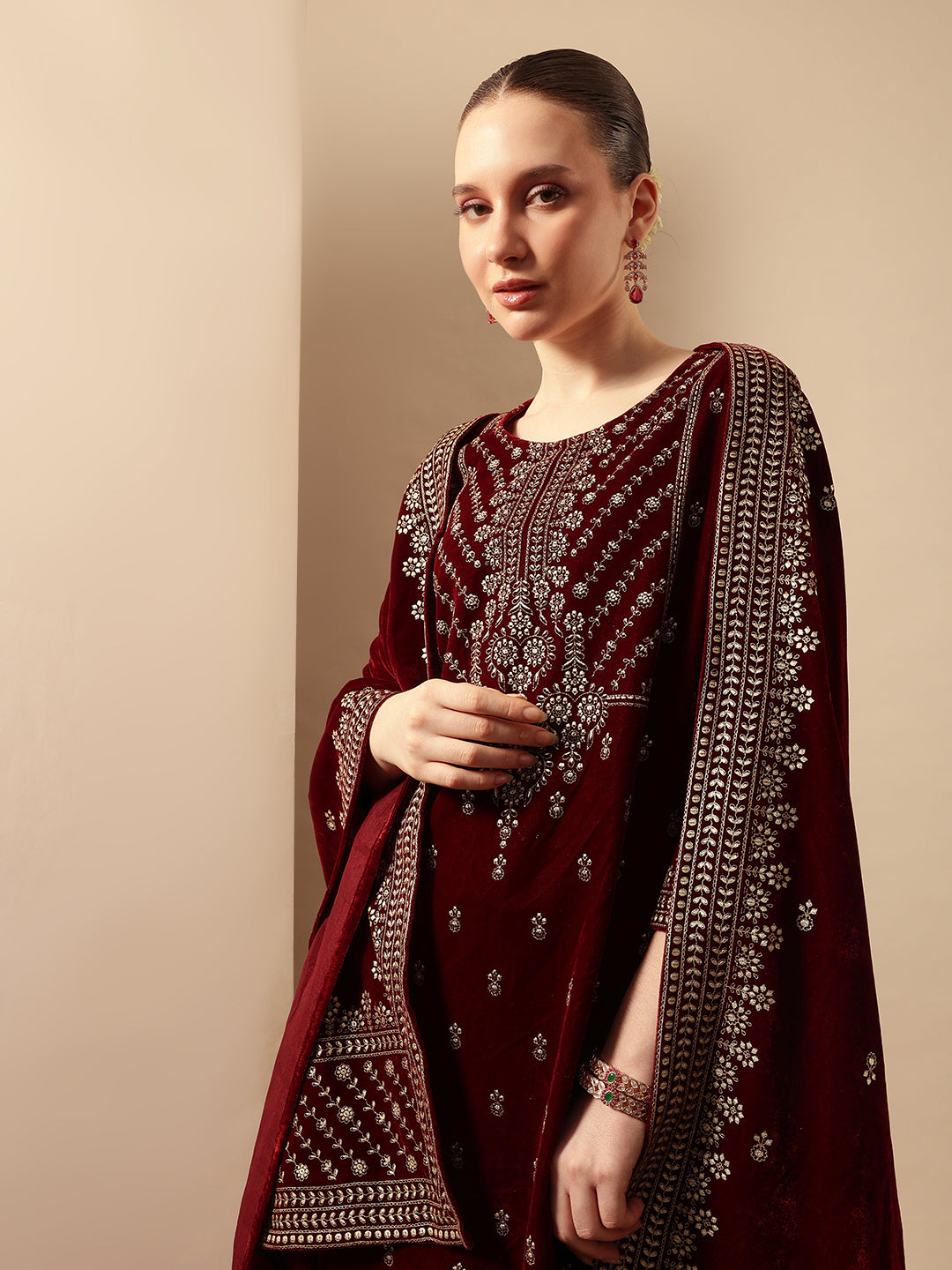 Rich Maroon Velvet Gold Print Straight Kurta sets with dupatta
