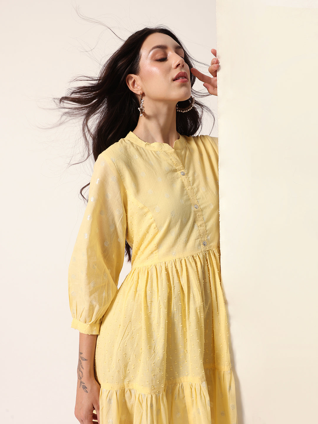 Ishin Women Yellow Cotton Dress
