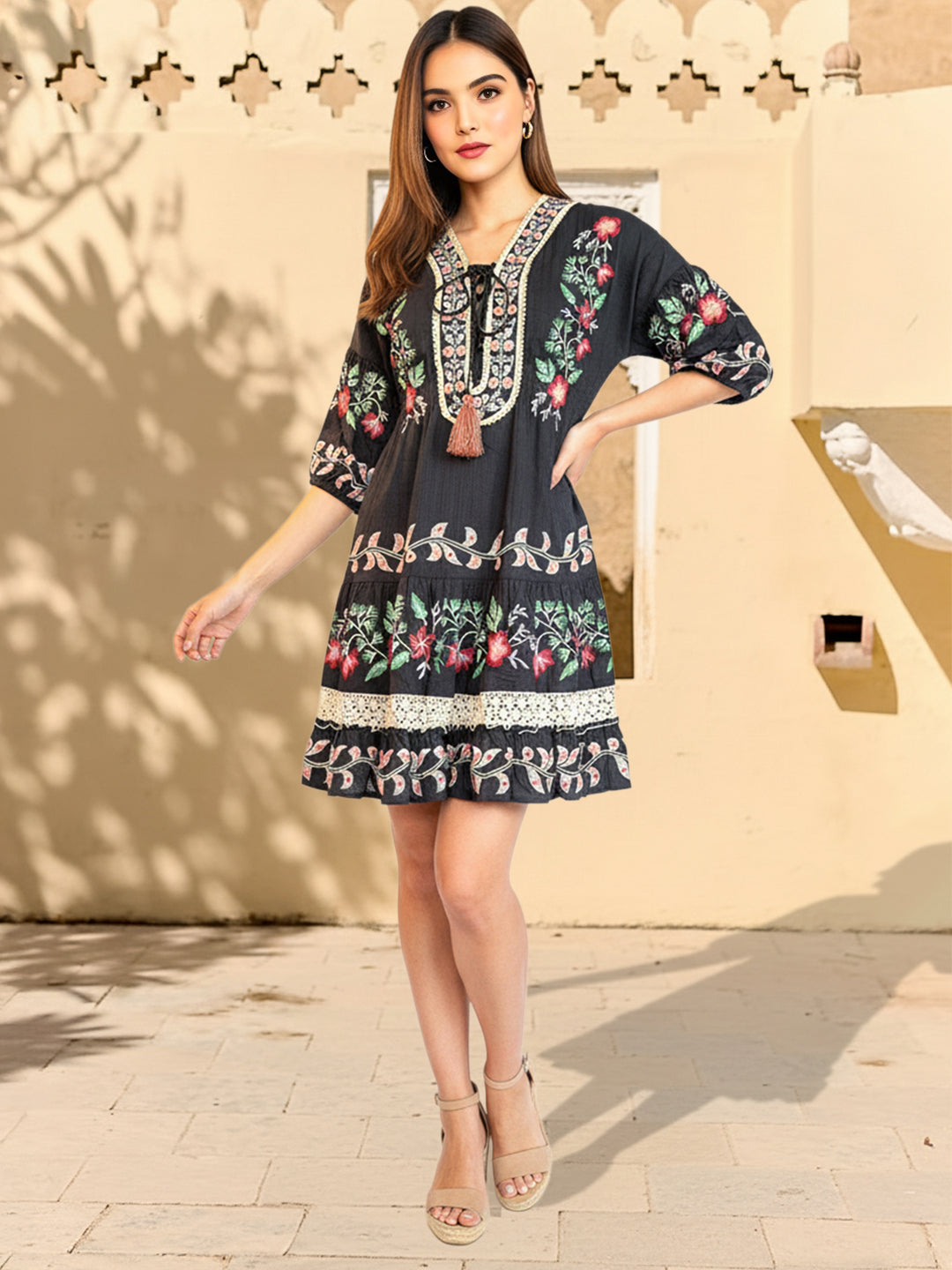 Women’s Blue Knee-Length Top with Puff Sleeves – Stylish Casual Wear