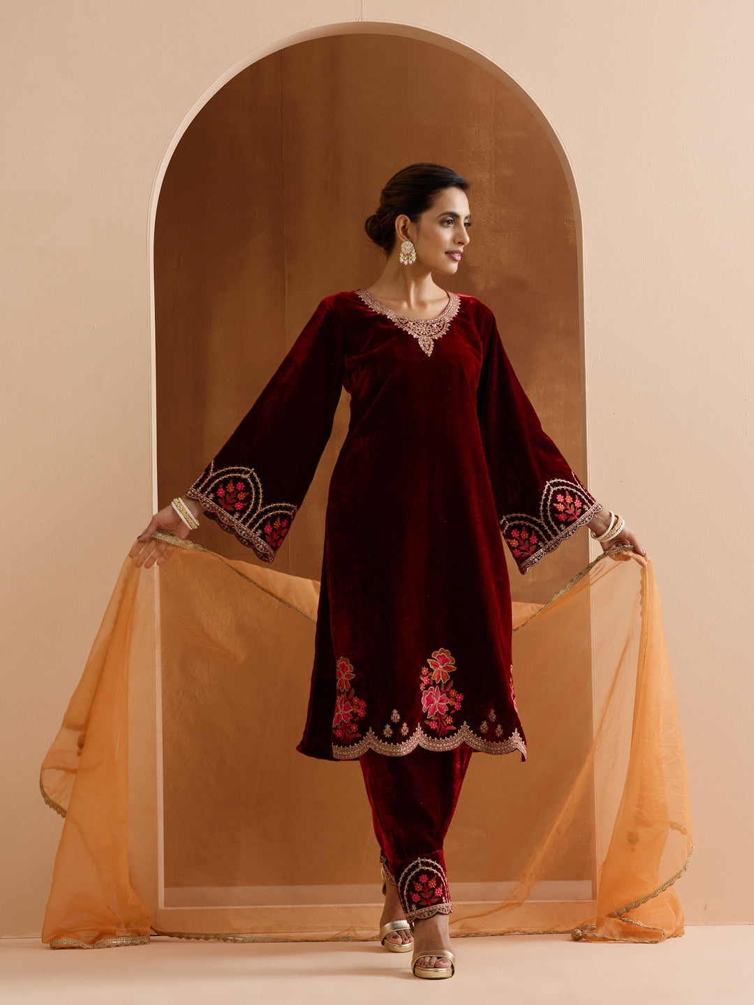 Rich Maroon Velvet Zari Embroidered Straight Kurta Set With Dupatta