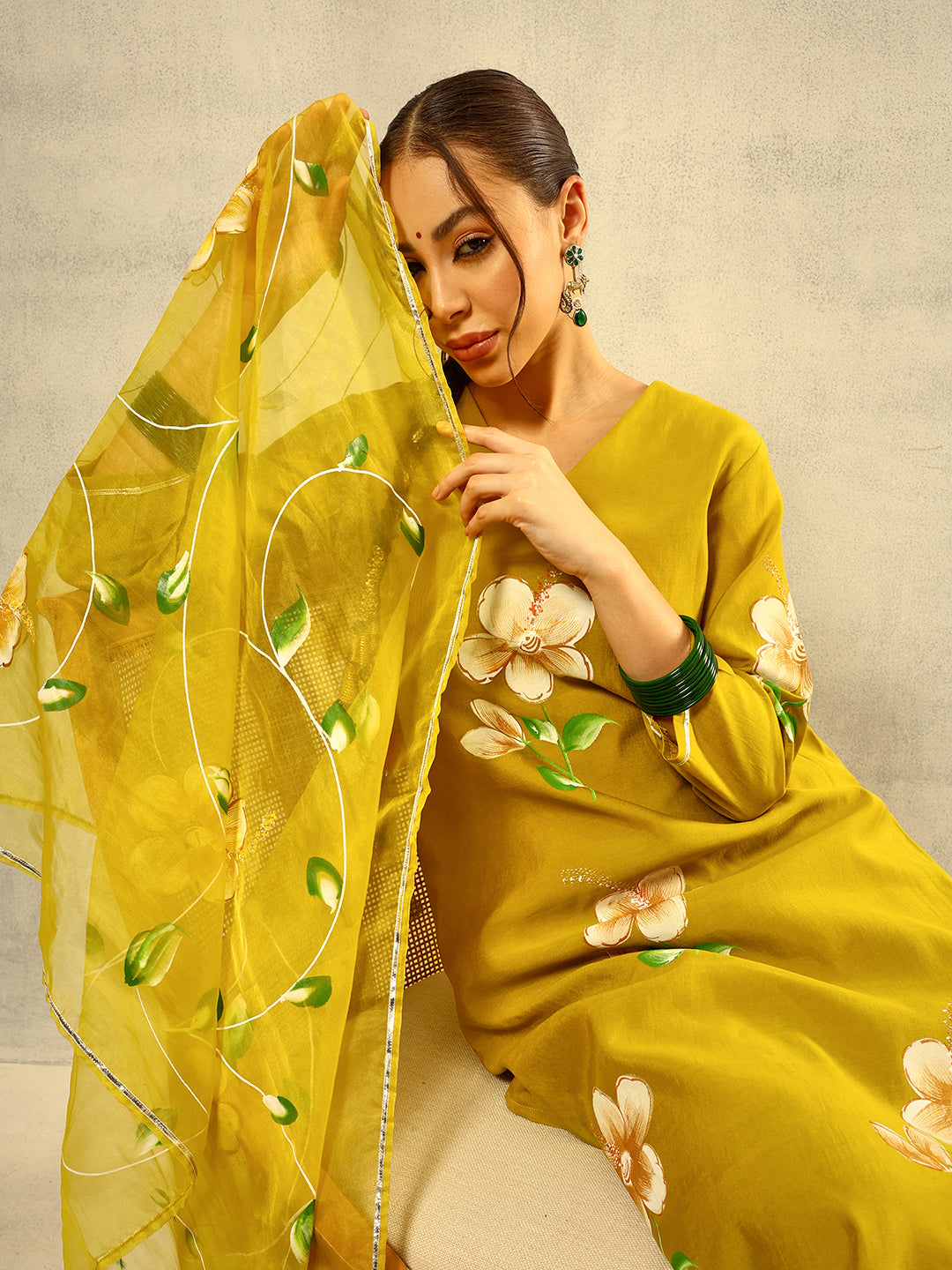 Green Floral Hand Painted Kurta with Trouser and Dupatta