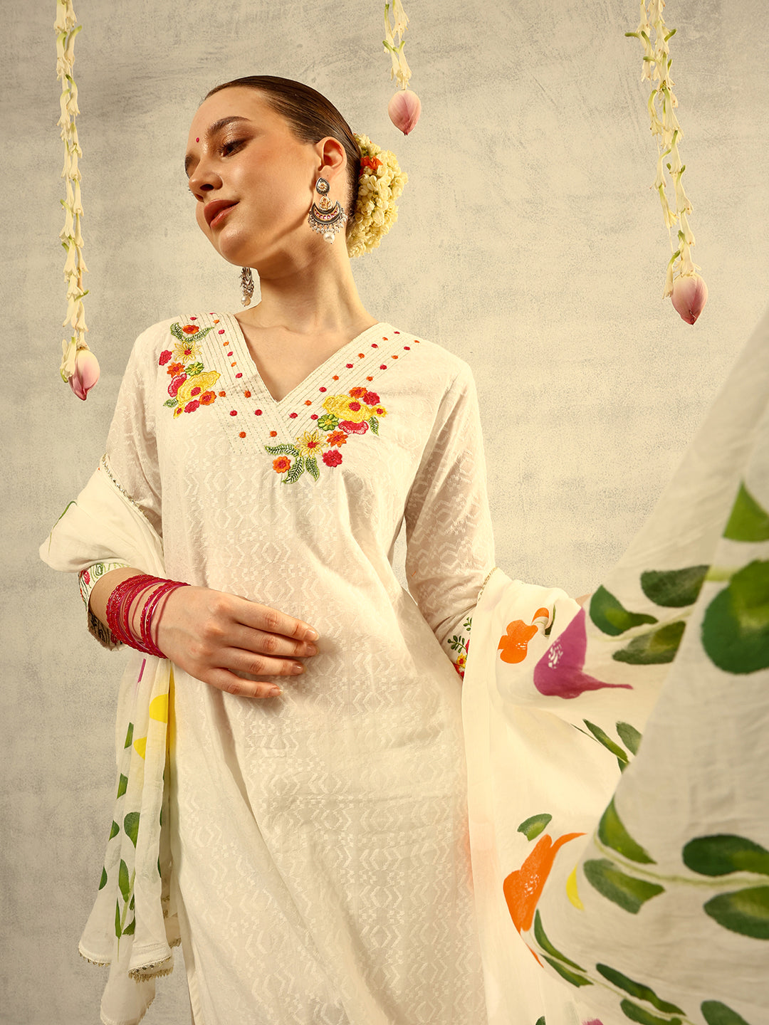 Off White Multi Coloured Thread Embroidered Kurta with Trouser and Hand Painted Dupatta