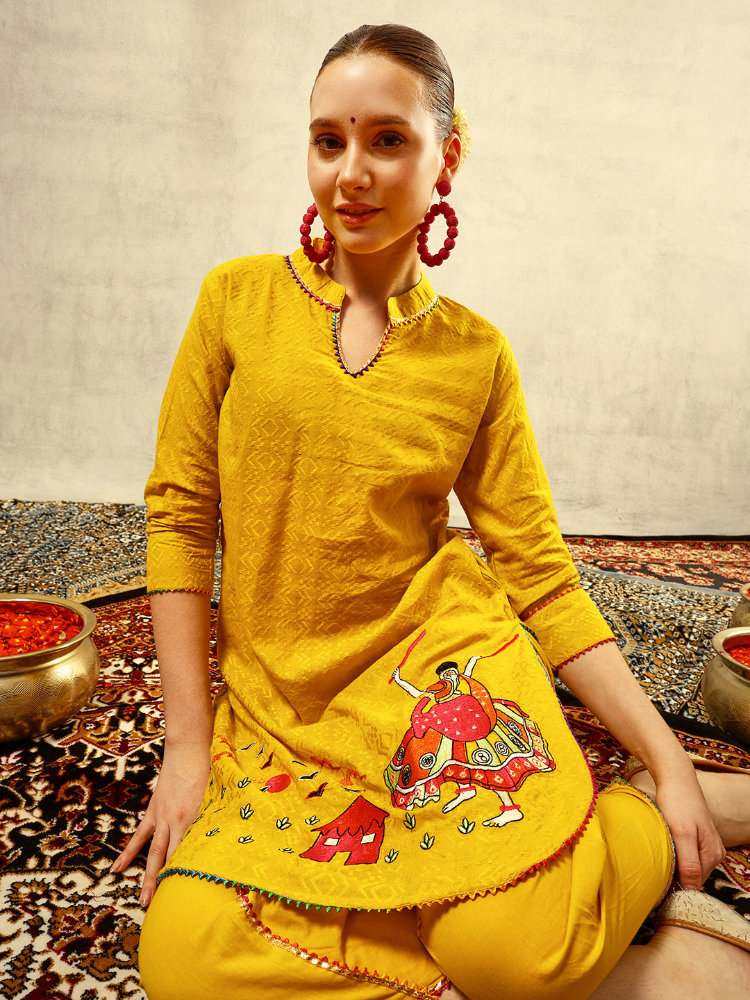 Yellow Bohemian Thread Embroidered Kurta with Dhoti Pants