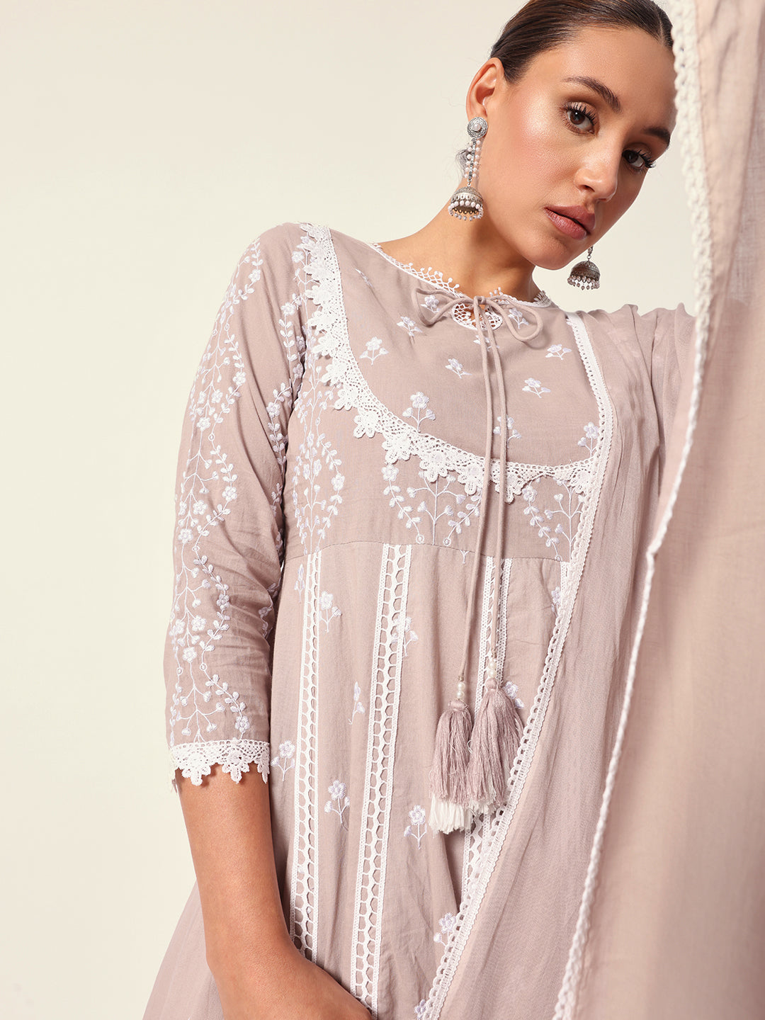 Graceful Beige cotton floral printed anarkali fit kurta set with dupatta
