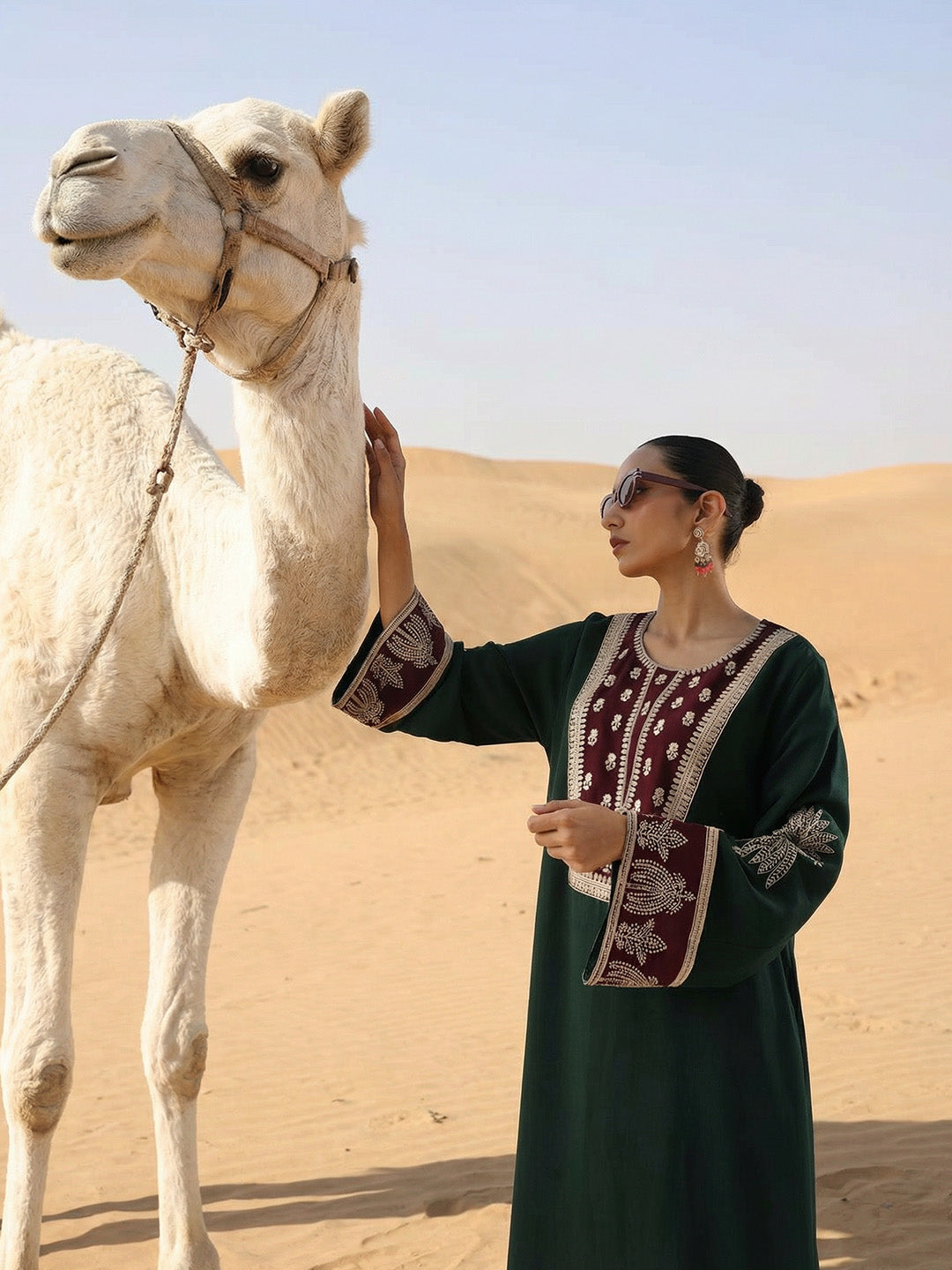 Rich Embroidered Woven Green Abaya