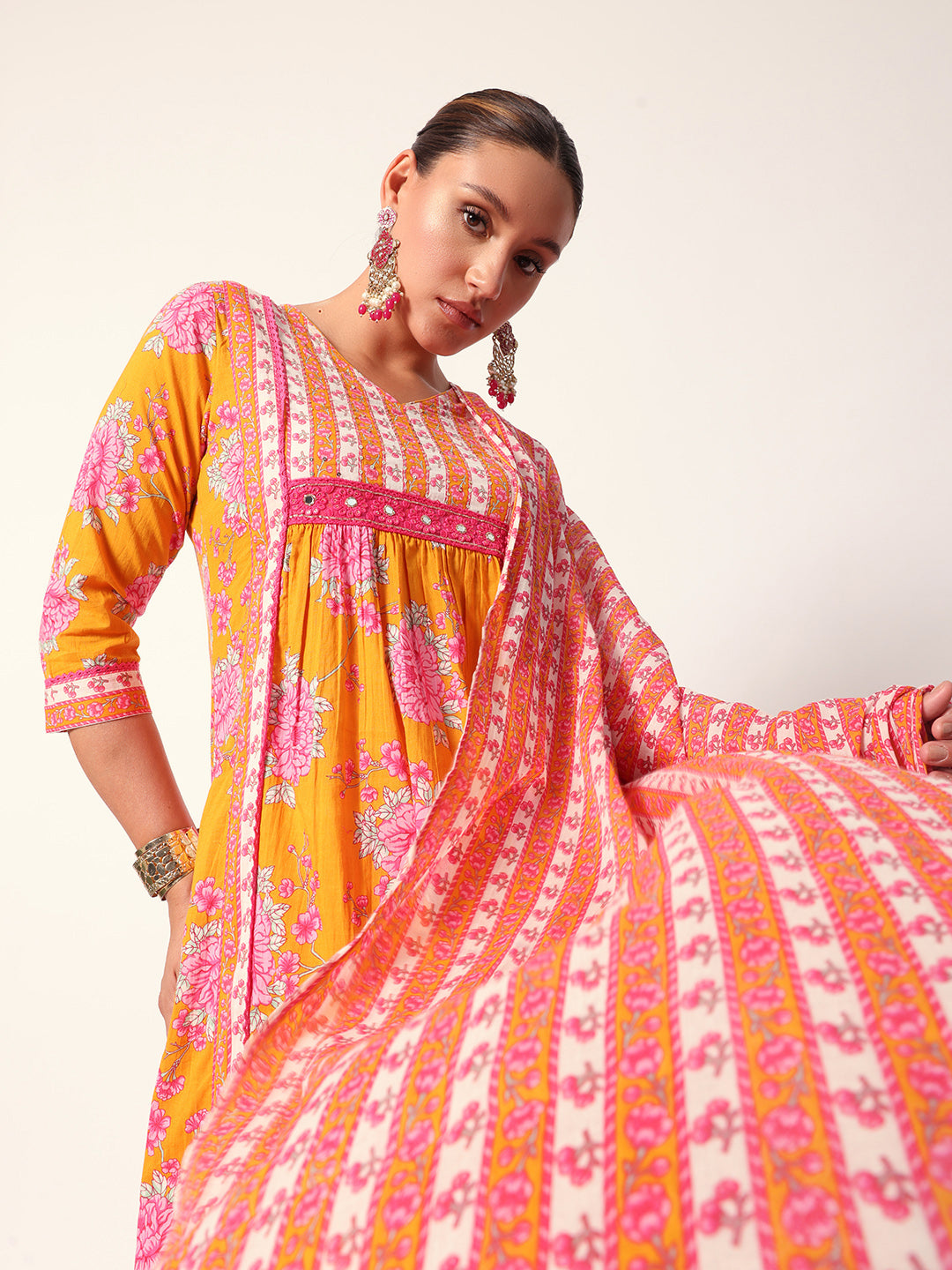 Comfy Mustard cotton floral printed anarkali fit kurta set with dupatta