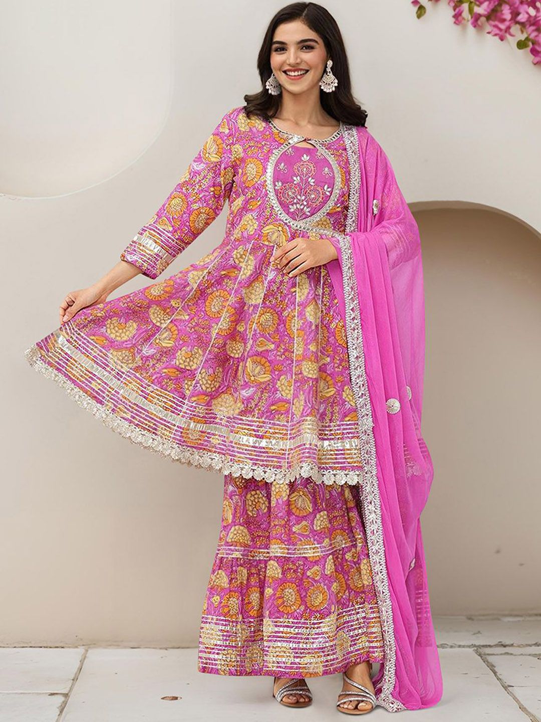 Soft Pure Cotton Pink Floral Printed Gotta Patti A-Line Kurta Set With Sharara Bottom & Soft Chiffon Dupatta