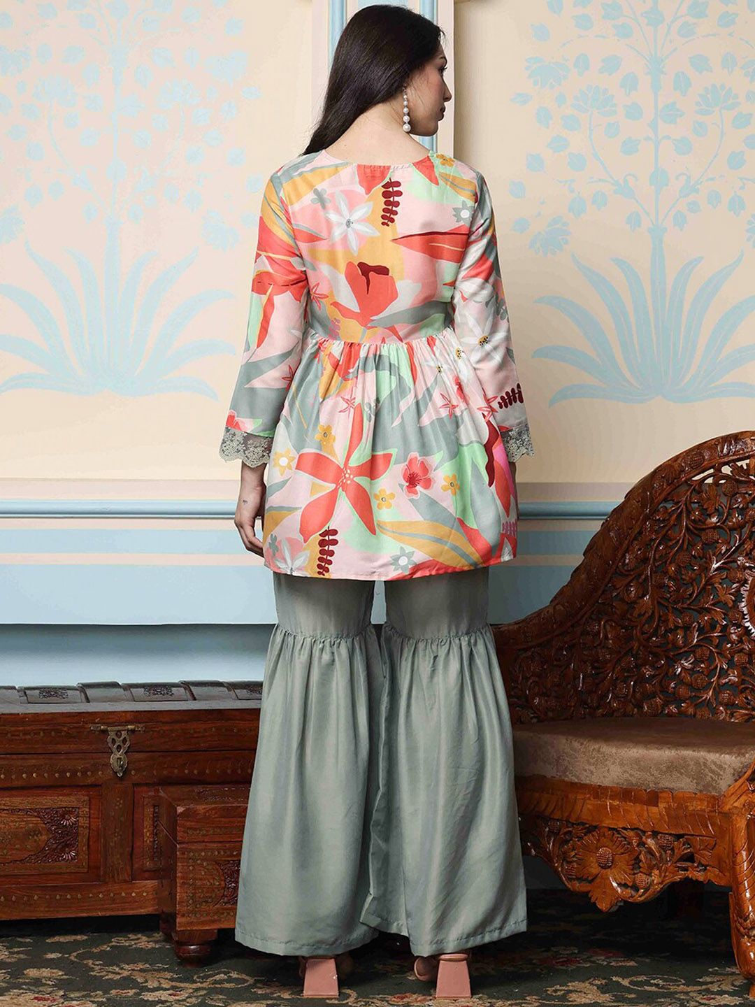 Soft Multi-Colored Poly Chanderi Floral Printed A-Line Kurta Set With Sharara Bottom