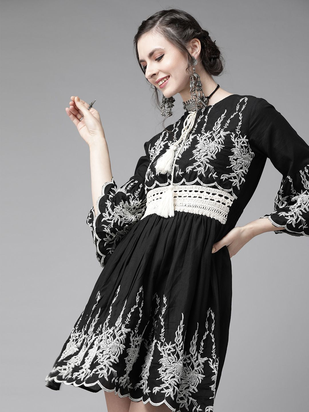 Comfy Black Cotton Embroidered Fit & Flare Dress With Bell Sleeves And Scalloped Hemline