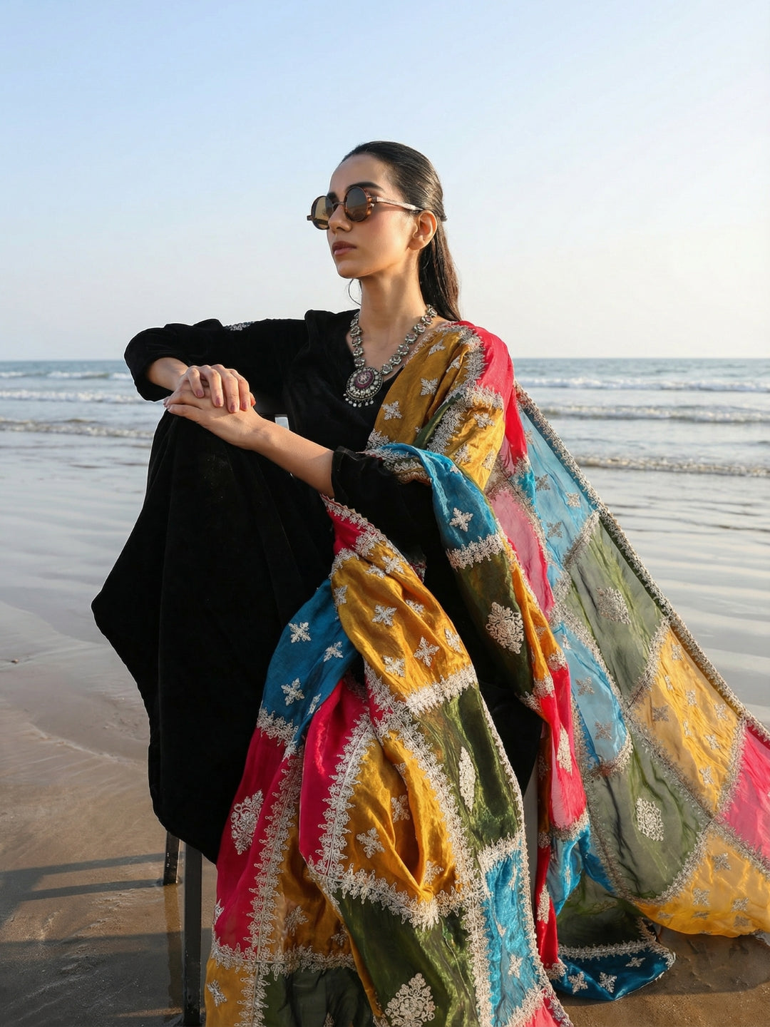 Rich Black Organza Patchwork Embroidered Anarkali Kurta Set