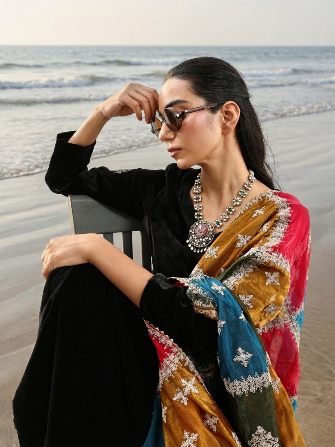 Rich Black Organza Patchwork Embroidered Anarkali Kurta Set