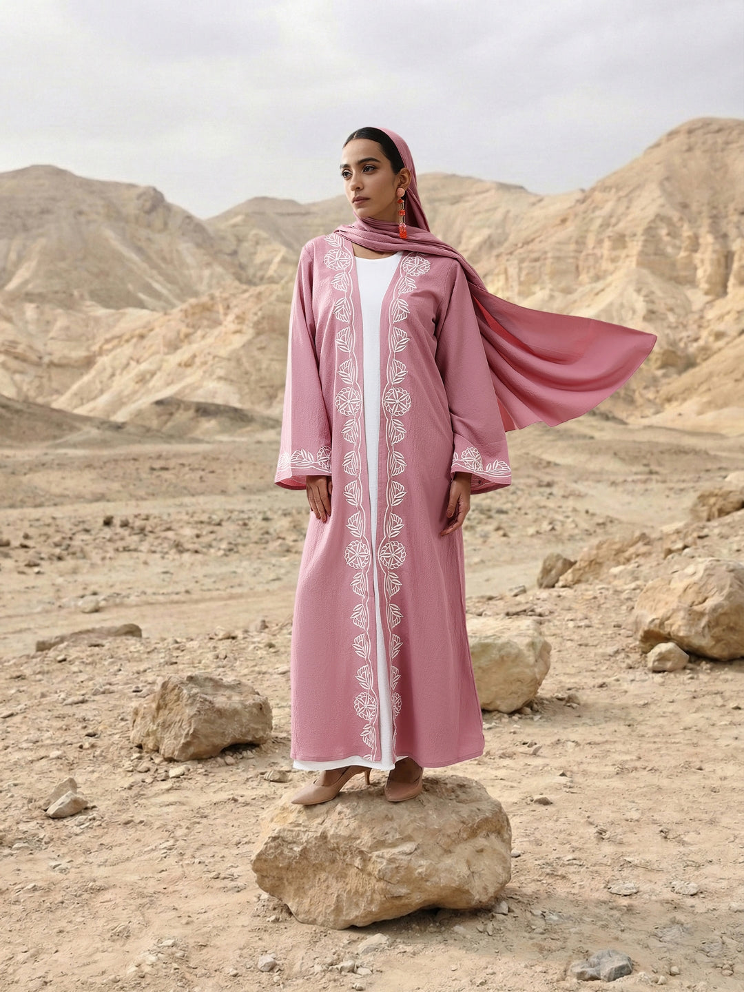 Rich Peach Relaxed Abaya with Hijab in Chinese Crepe