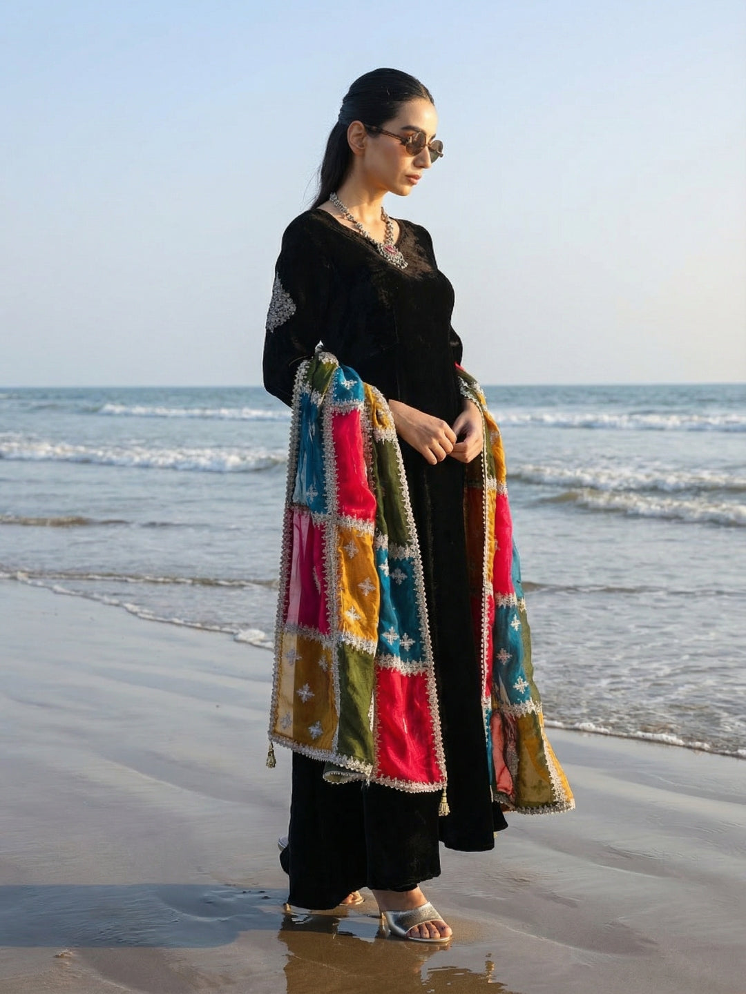 Rich Black Organza Patchwork Embroidered Anarkali Kurta Set