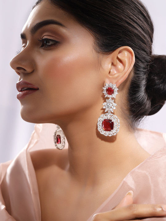 Ishin Red Colour Silver Plated American Diamond Drop Earring