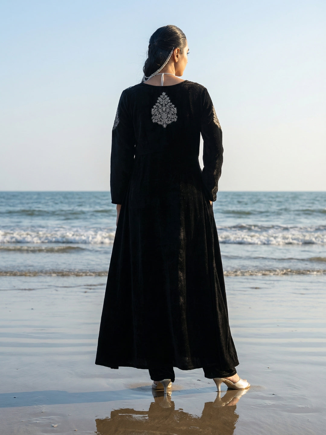 Rich Black Organza Patchwork Embroidered Anarkali Kurta Set