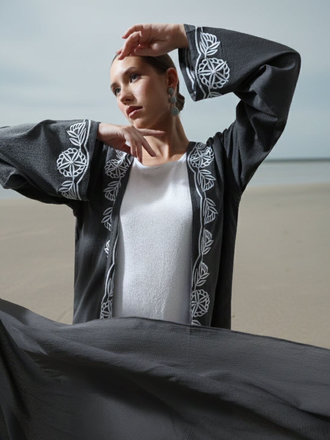 Rich Grey Relaxed Abaya with Hijab in Chinese Crepe