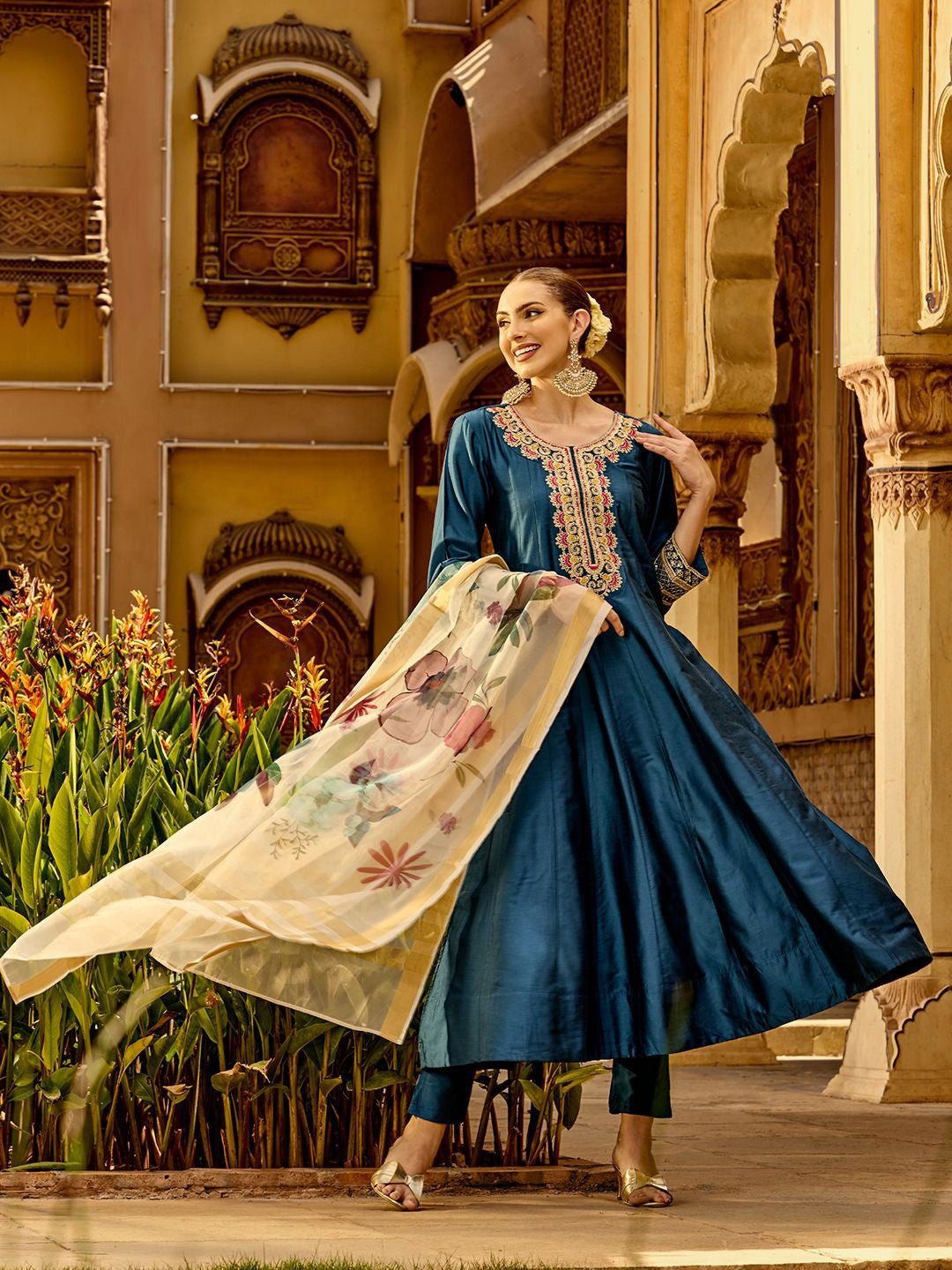 Graceful NavyBlue Silk Blend Zari Embroidery Aline  kurta set with dupatta