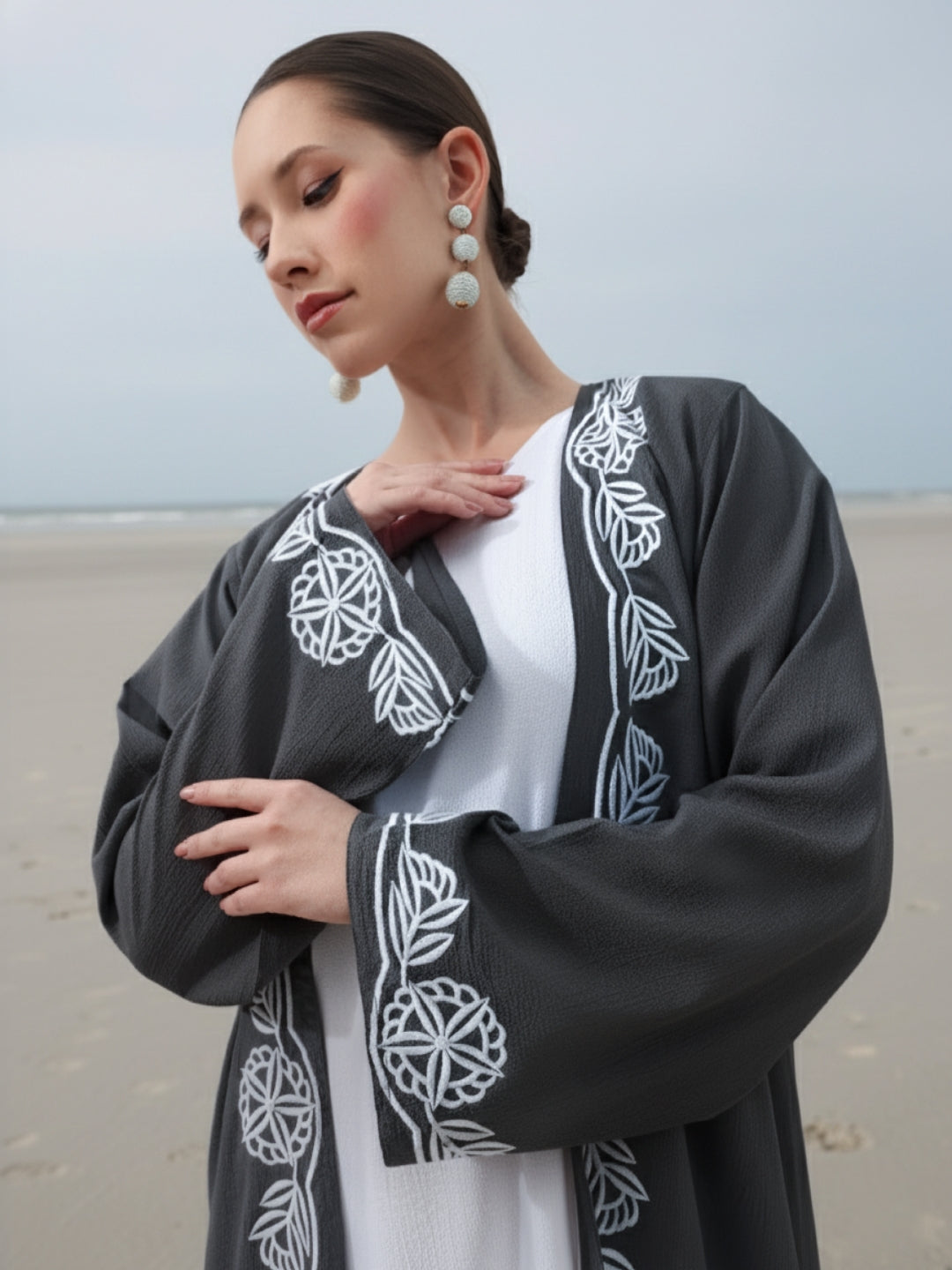 Rich Grey Relaxed Abaya with Hijab in Chinese Crepe
