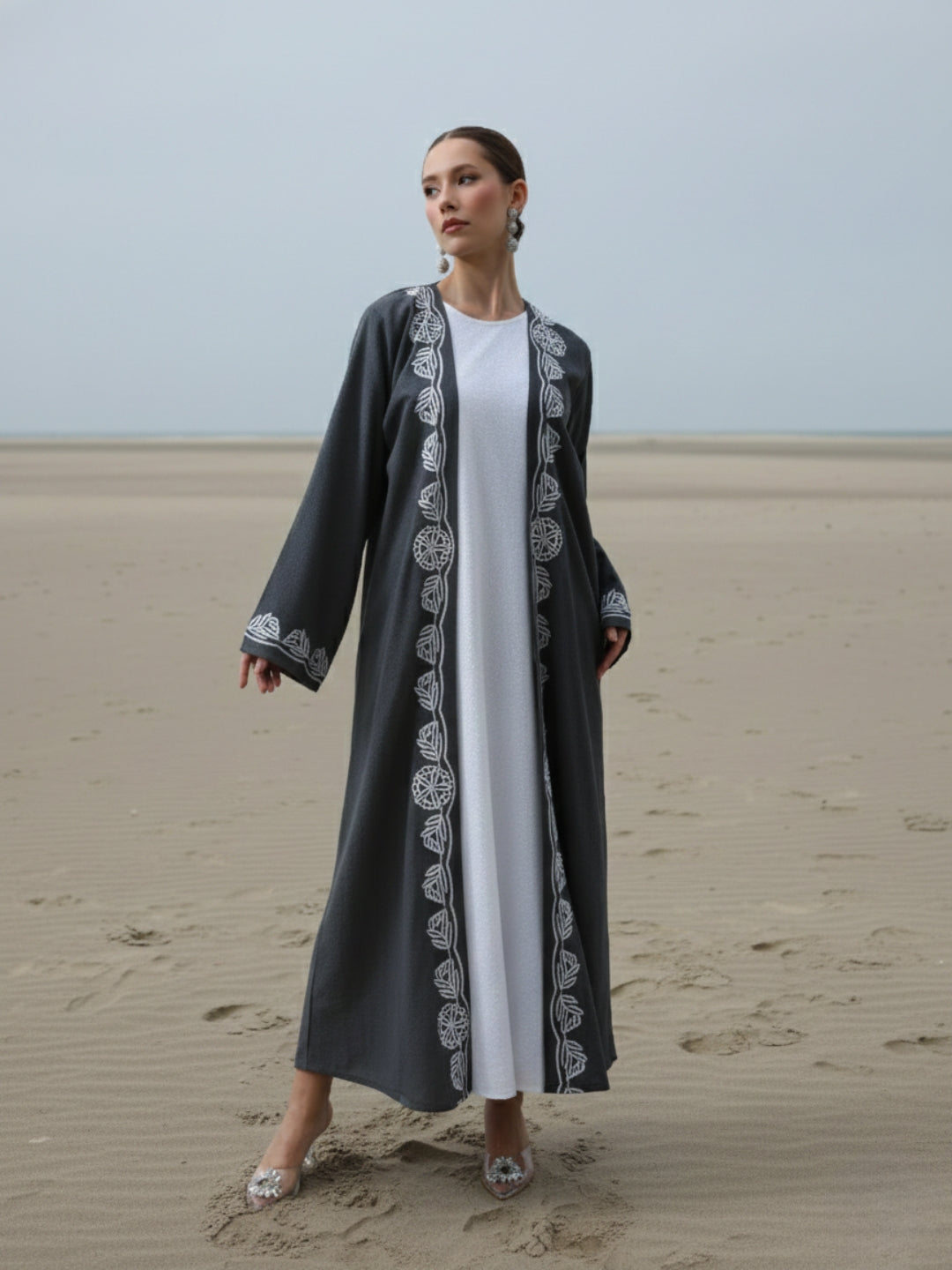 Rich Grey Relaxed Abaya with Hijab in Chinese Crepe