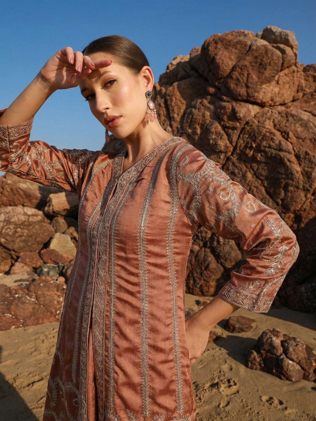 Rich Chinon Embroidered Brown Embroidered A Line Dresses StraightBottom