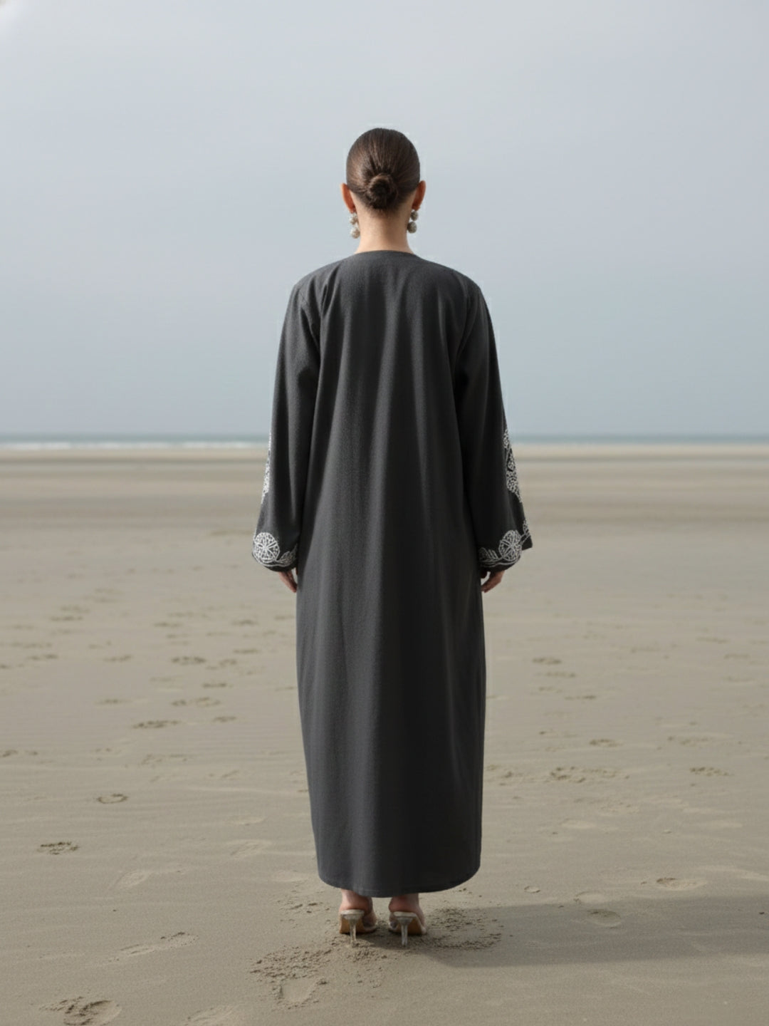 Rich Grey Relaxed Abaya with Hijab in Chinese Crepe