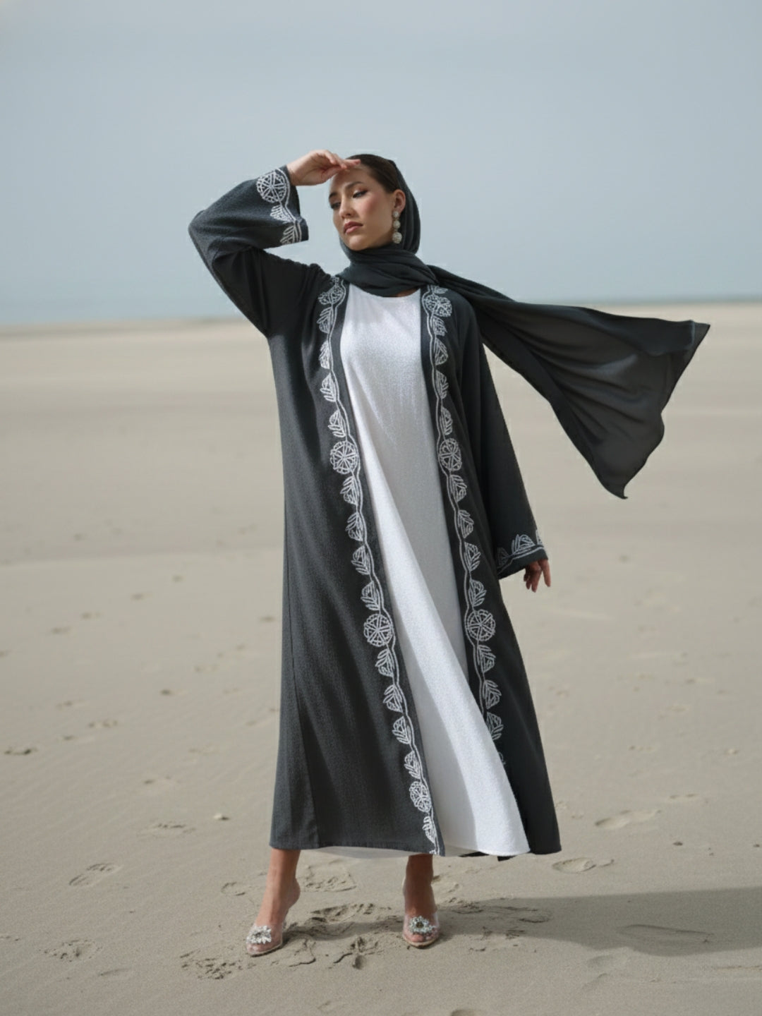 Rich Grey Relaxed Abaya with Hijab in Chinese Crepe