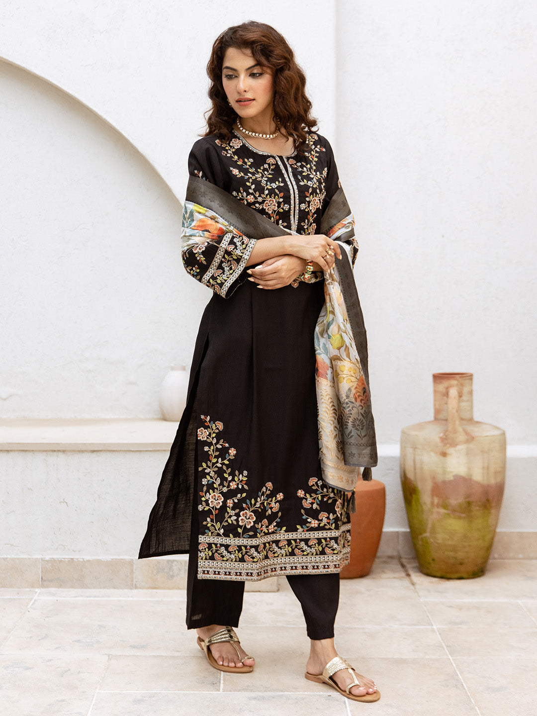 Graceful Black Viscose Rayon Floral Embroidery Straight Fit  Kurta set with printed dupatta