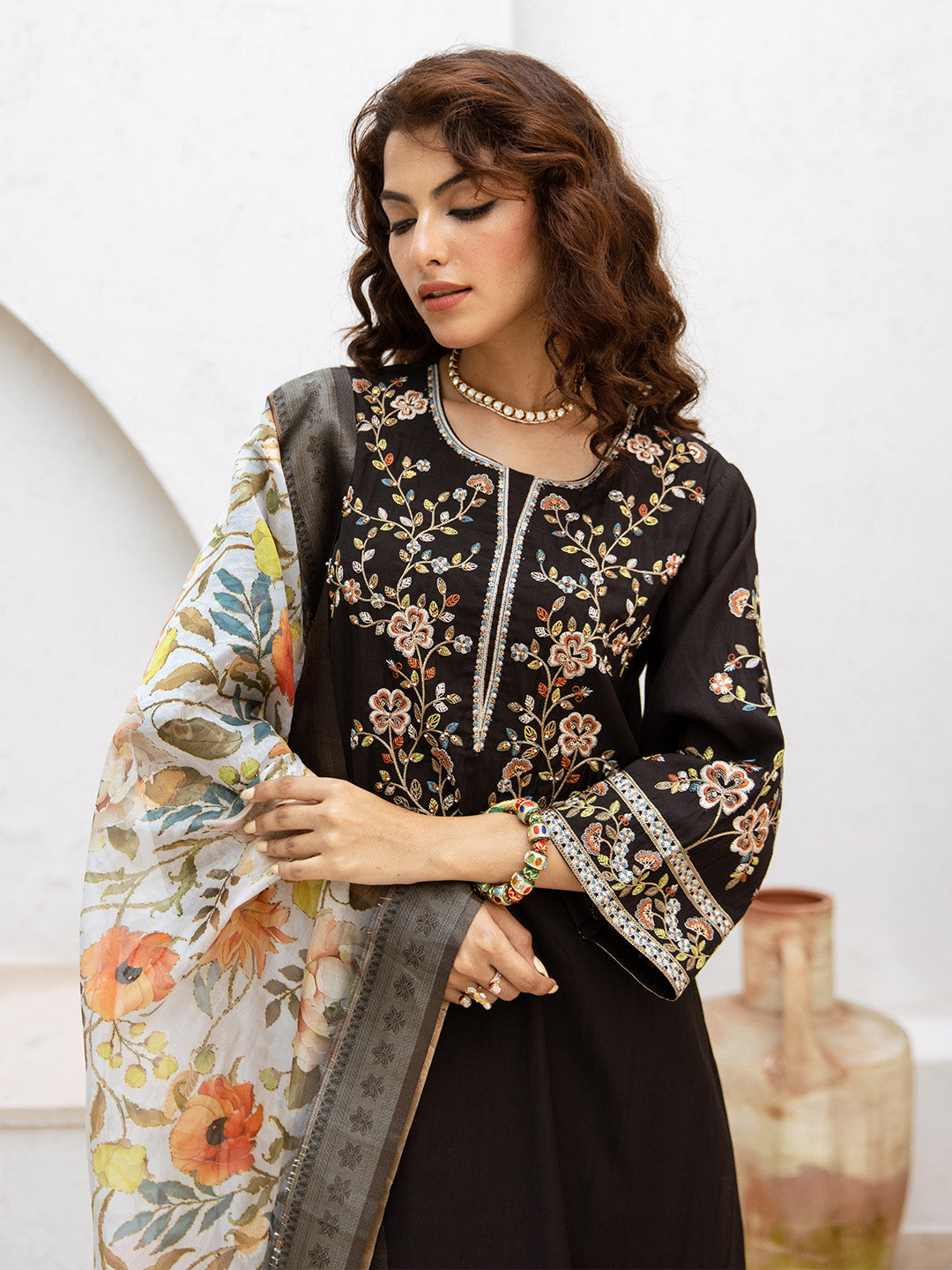 Graceful Black Viscose Rayon Floral Embroidery Straight Fit  Kurta set with printed dupatta