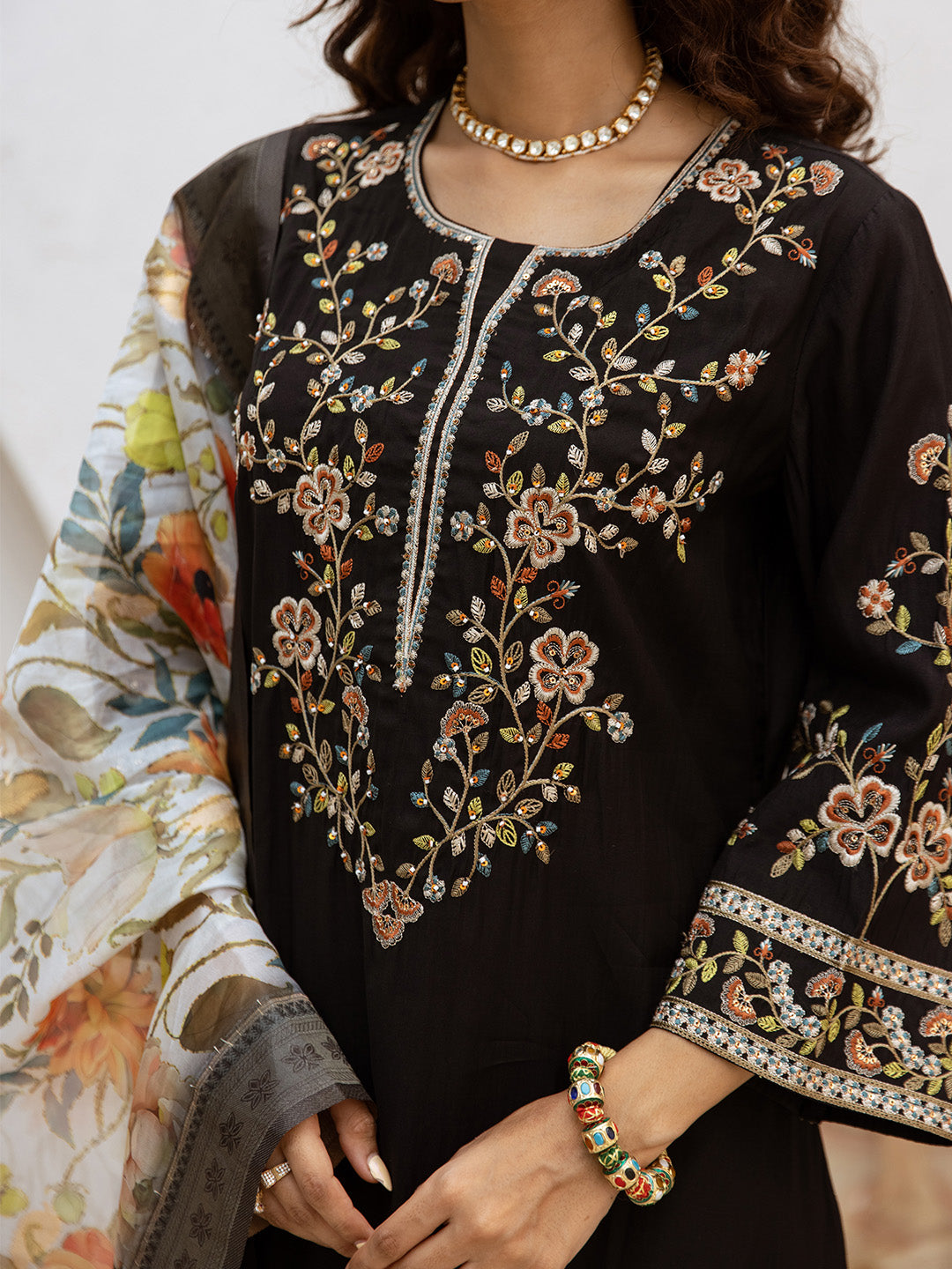 Graceful Black Viscose Rayon Floral Embroidery Straight Fit  Kurta set with printed dupatta