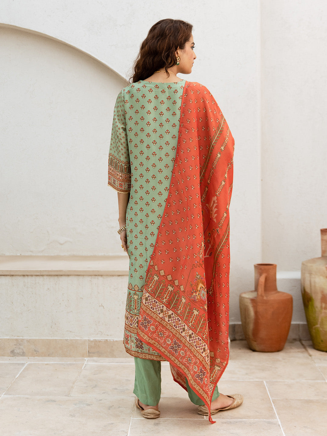 Comfy Green Tissue Floral Print Straight fit kurta set with dupatta