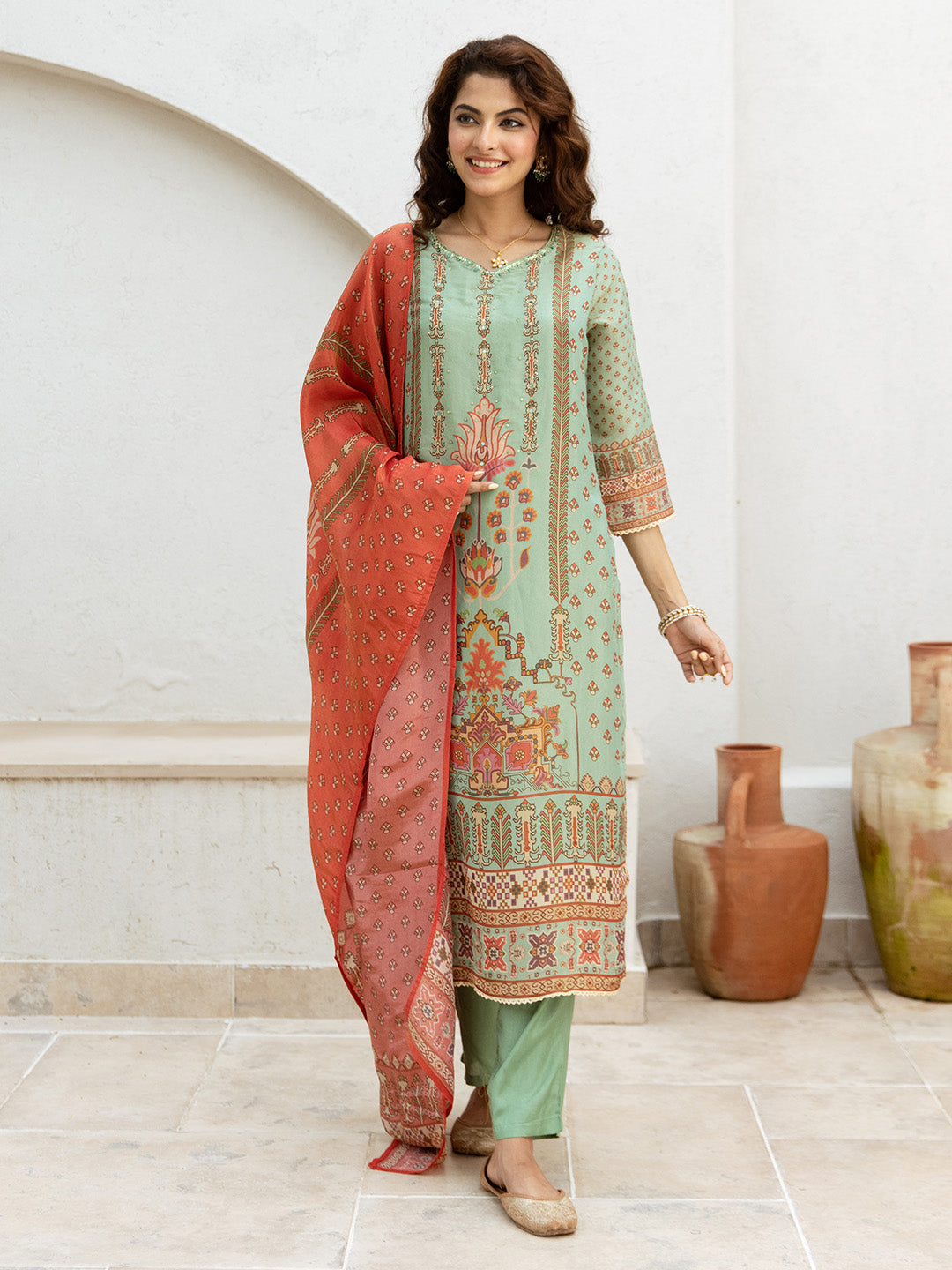 Comfy Green Tissue Floral Print Straight fit kurta set with dupatta